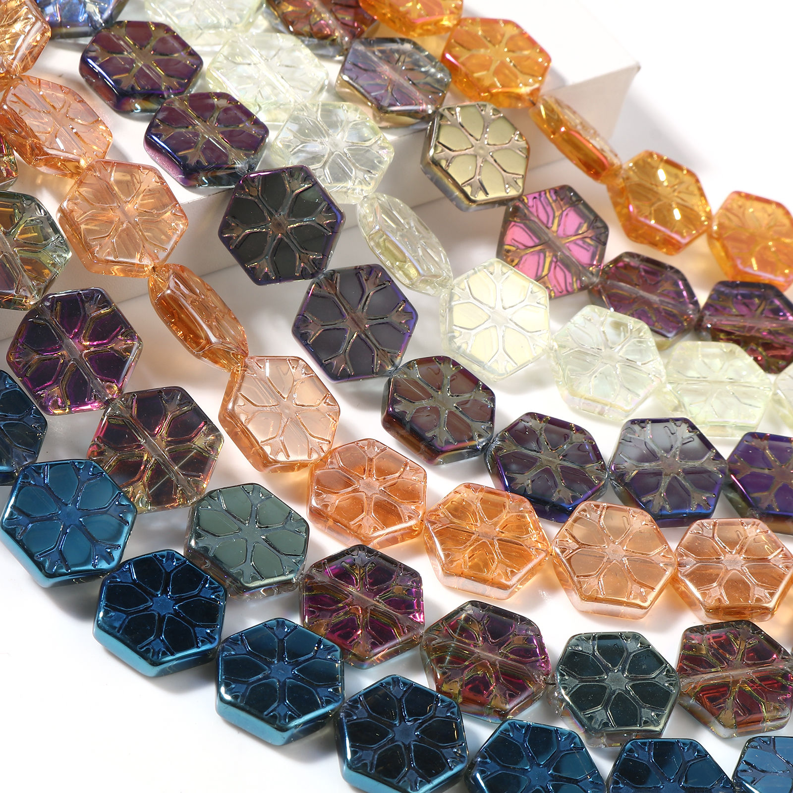 Picture of Glass Beads Christmas Snowflake Multicolor AB Color About 16mm x 15mm, Hole: Approx 1.3mm, 62.5cm(24 5/8") long, 1 Strand (Approx 40 PCs/Strand)