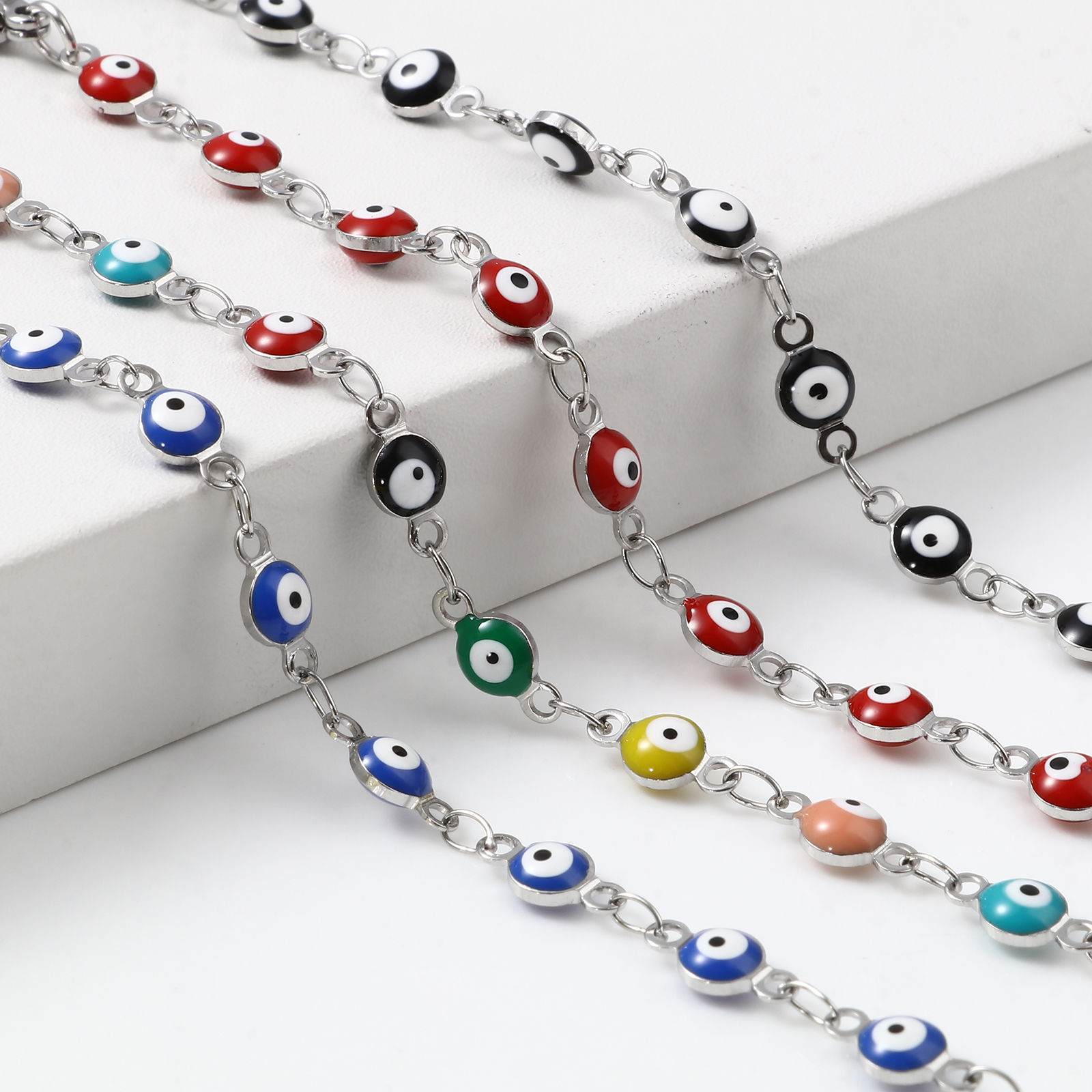 Image de Bracelets Religieux en Acier Inoxydable Argent Mat Multicolore Rond Œil Mauvais Émail 13.5cm long, 1 Pièce