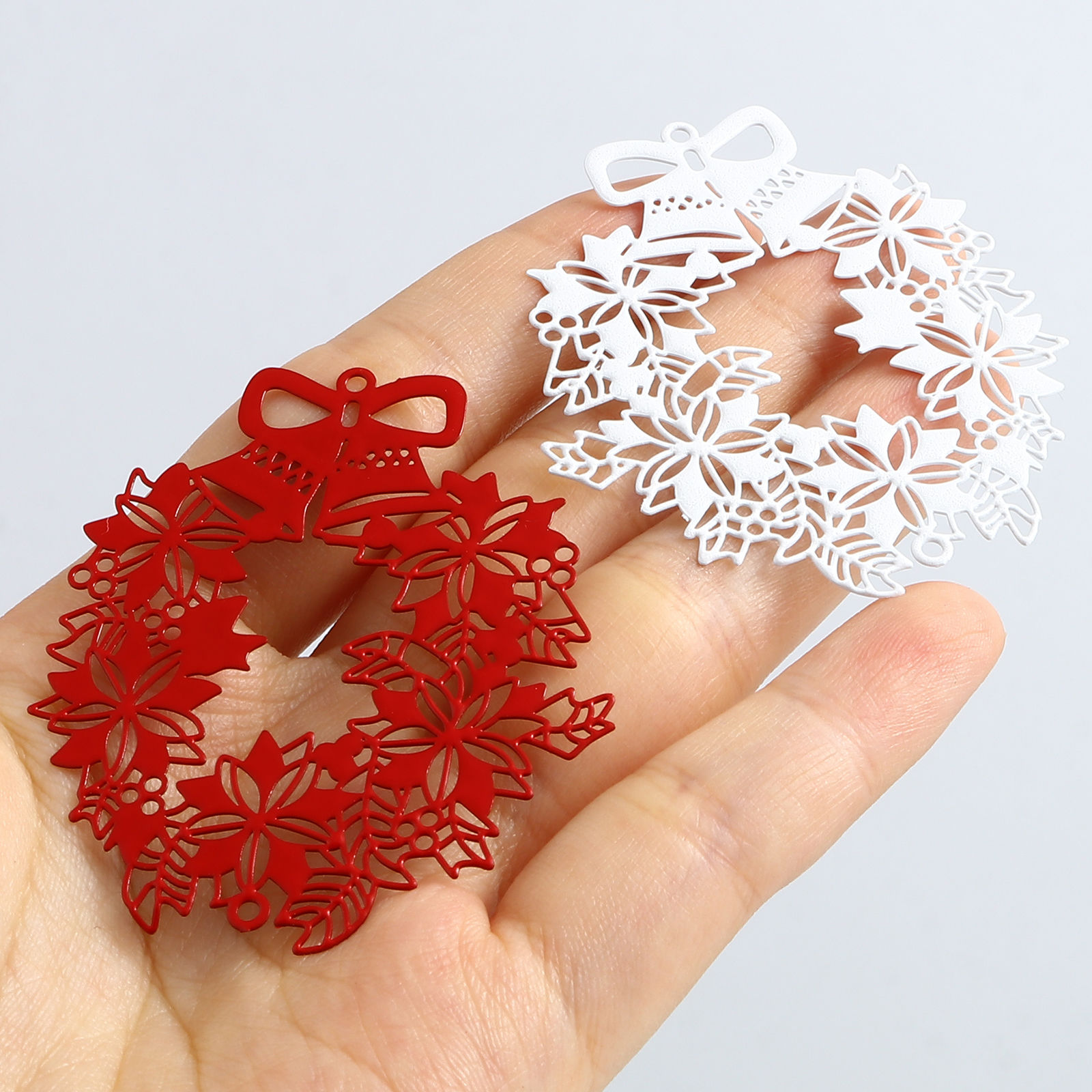 Picture of Brass Filigree Stamping Connectors Christmas Wreath Multicolor Painted 5.5cm x 4.6cm, 5 PCs