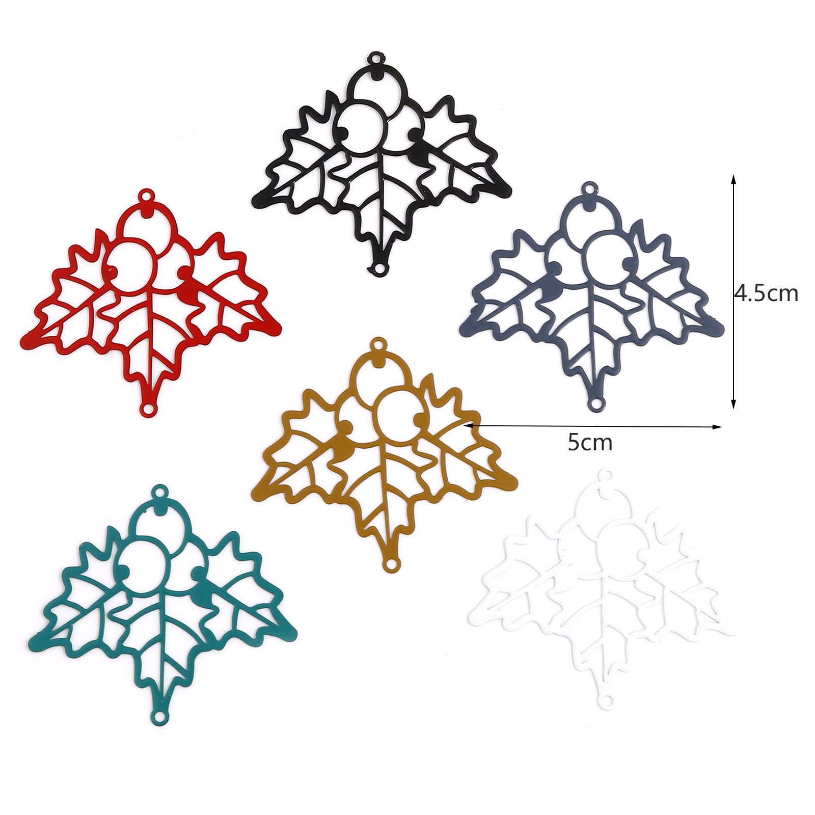 Bild von Messing Filigran Stempel Verzierung Verbinder Weihnachten Stechpalmblätter Bunt Spritzlackierung 5cm x 4.5cm, 5 Stück