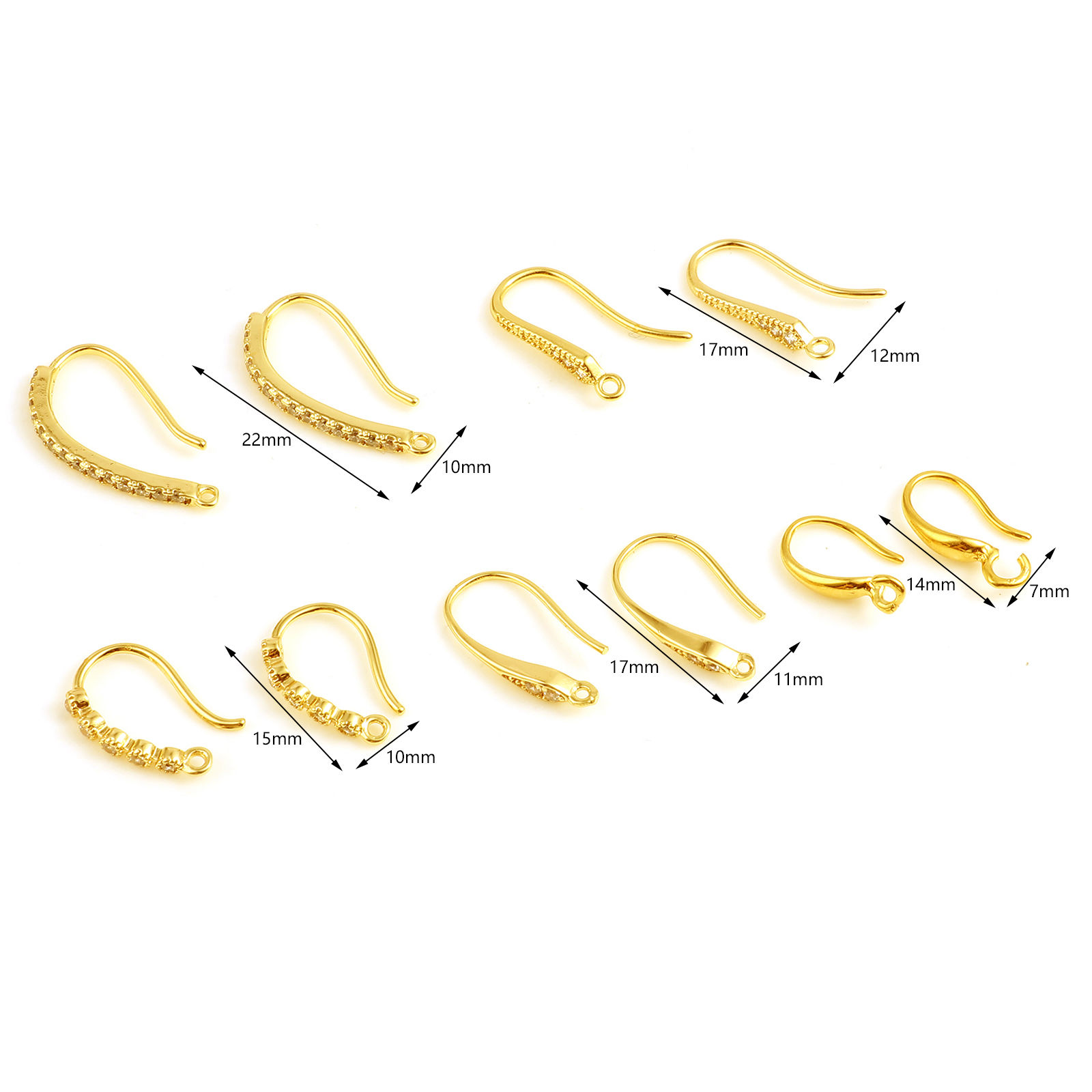 Picture of Brass Ear Wire Hooks Earring 18K Real Gold Plated U-shaped W/ Loop Clear Rhinestone 2 PCs