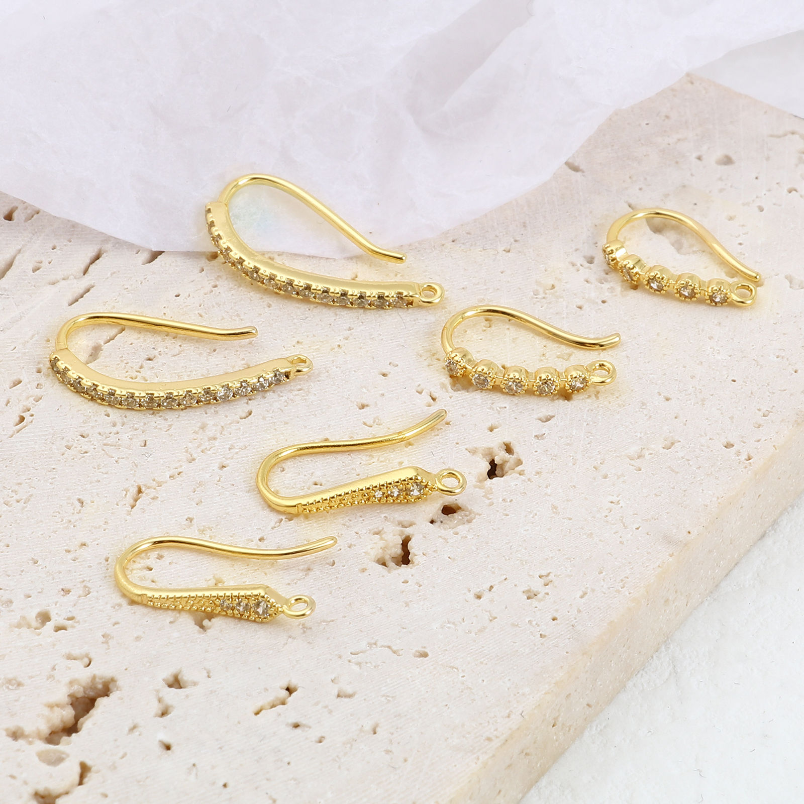 Picture of Brass Ear Wire Hooks Earring 18K Real Gold Plated U-shaped W/ Loop Clear Rhinestone 2 PCs