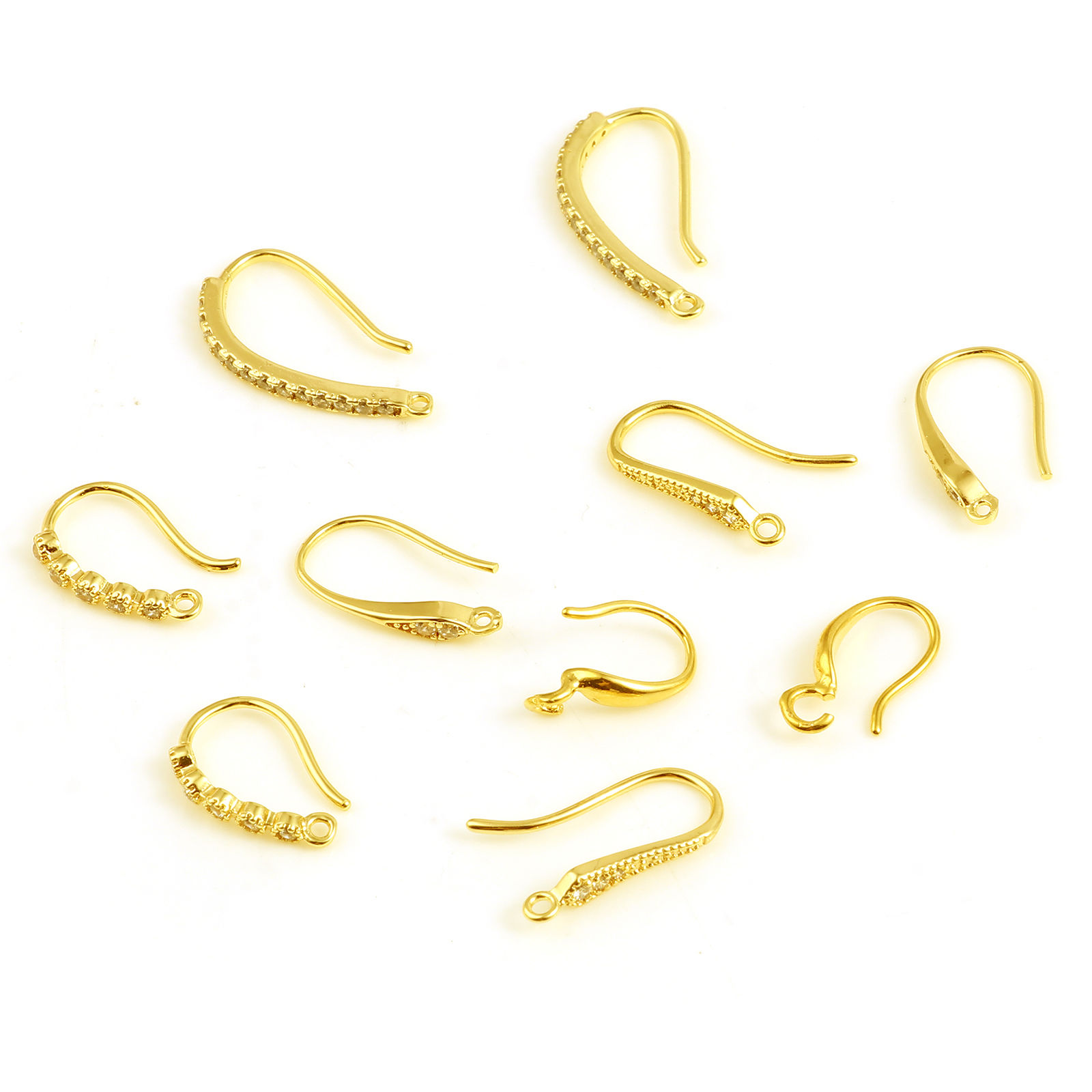Picture of Brass Ear Wire Hooks Earring 18K Real Gold Plated U-shaped W/ Loop Clear Rhinestone 2 PCs