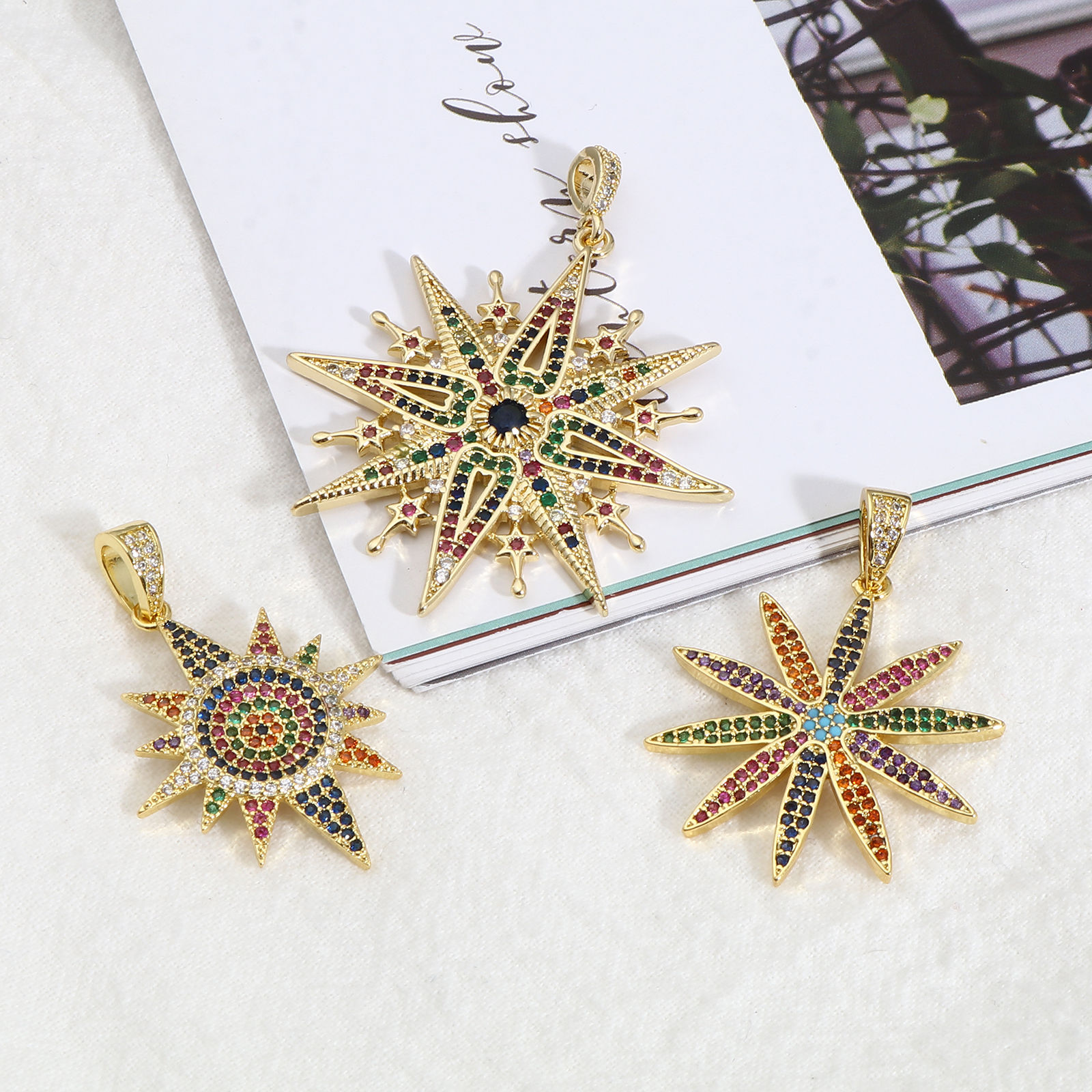 Picture of 1 Piece Brass Galaxy Pendants 18K Real Gold Plated Multicolor Sun Micro Pave