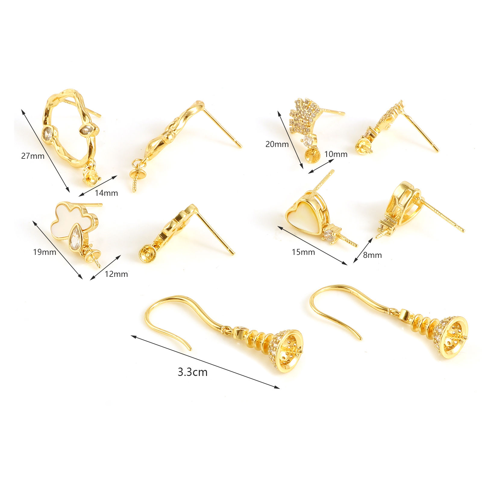 Image de Boucles d'Oreilles Puces Micro Pave en Laiton Plaqué Or Véritable 18K à Strass Transparent Epaisseur de Fil: (21 gauge), 2 Pcs