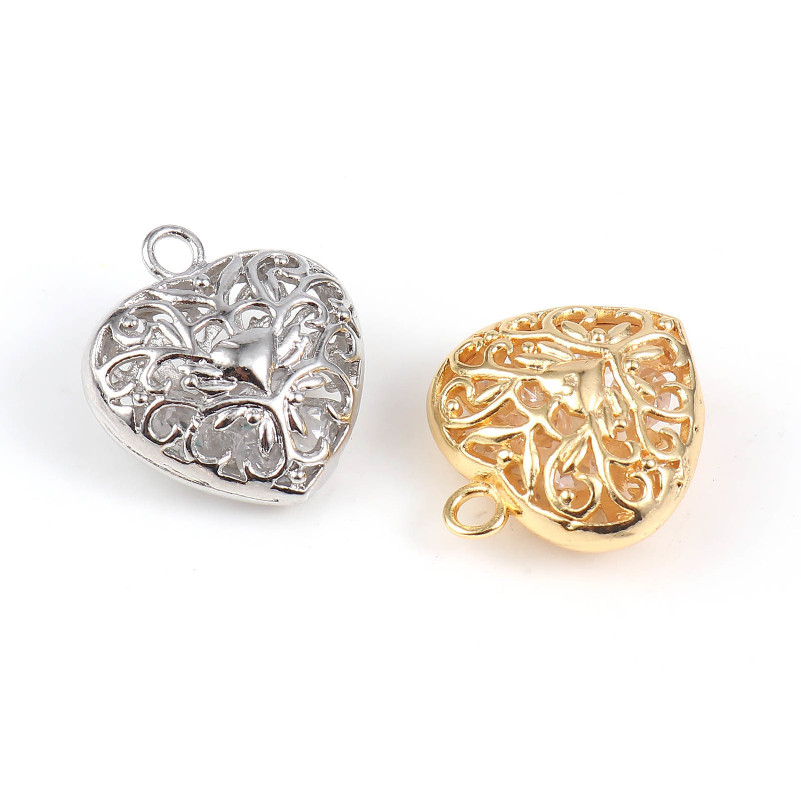 Picture of Brass Valentine's Day Charms Heart Multicolor Filigree Clear Rhinestone 21mm x 19mm, 2 PCs