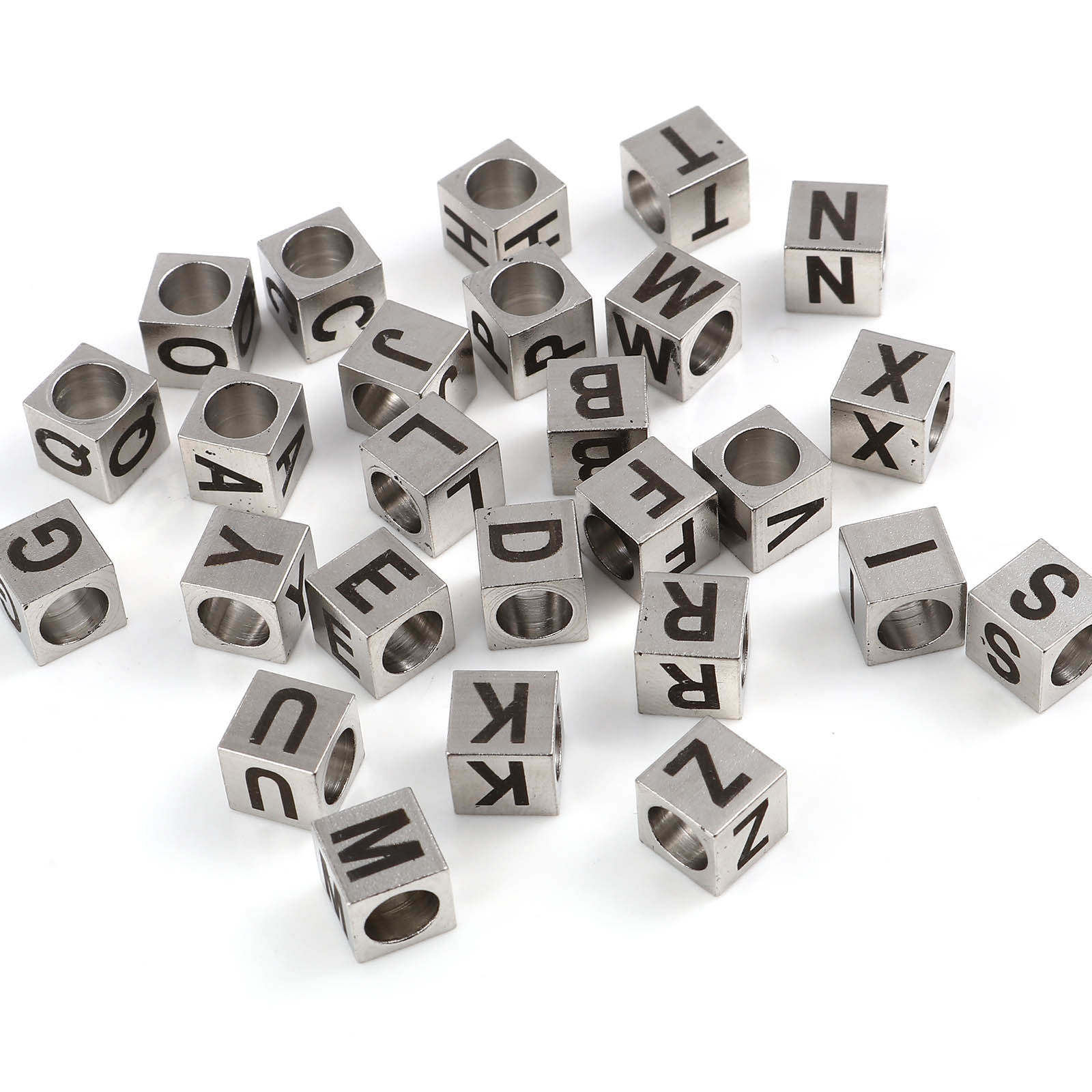 Picture of Stainless Steel Beads Square Silver Tone Black Initial Alphabet/ Capital Letter 7mm x 7mm, Hole: Approx 5.1mm, 1 Piece