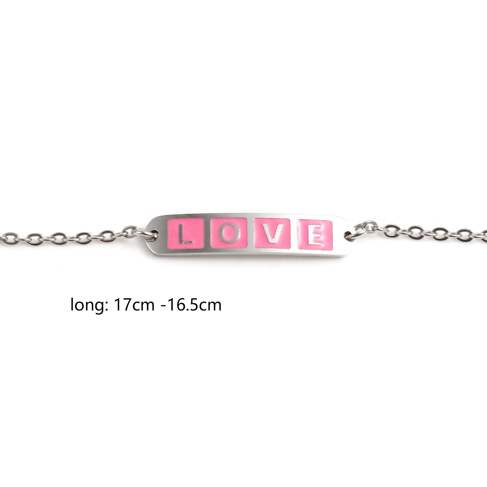 Picture of Stainless Steel Valentine's Day Link Cable Chain Bracelets Silver Tone Multicolor Oval Cross Word Message " LOVE " Enamel 17cm(6 6/8")-16.5cm(6 4/8") long, 1 Piece