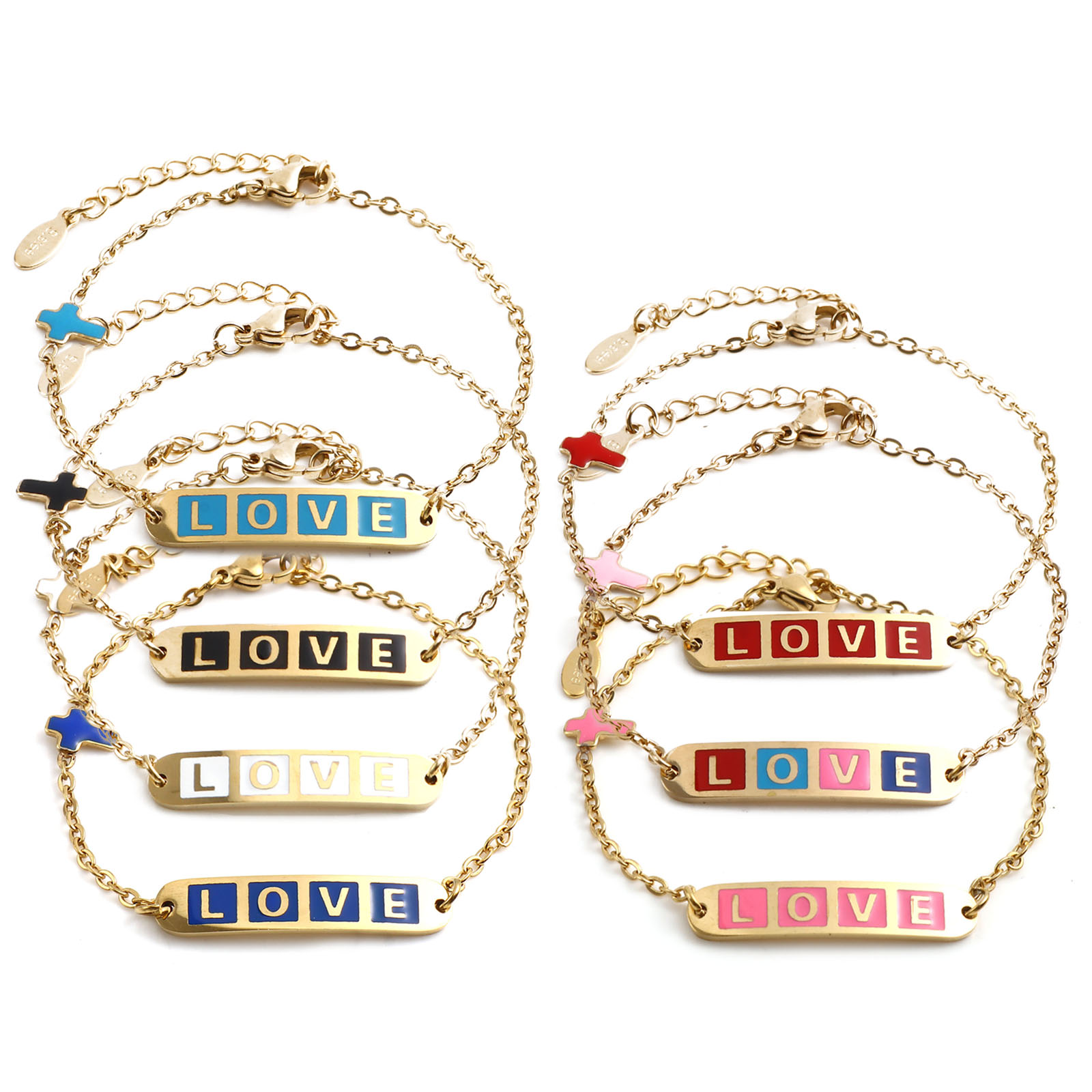 Изображение Stainless Steel Valentine's Day Link Cable Chain Bracelets Gold Plated Multicolor Oval Cross Word Message " LOVE " Enamel 17cm(6 6/8")-16.5cm(6 4/8") long, 1 Piece