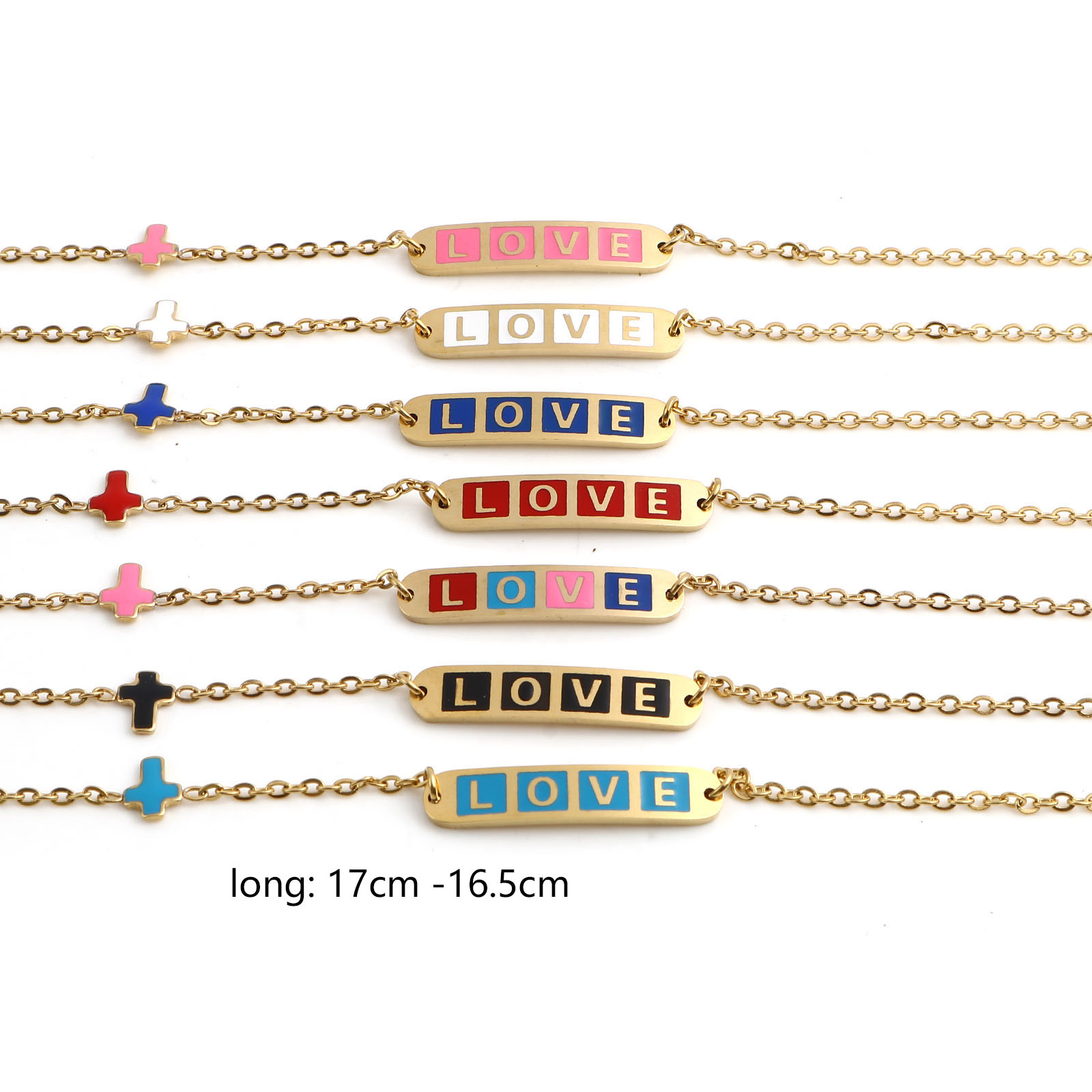 Изображение Stainless Steel Valentine's Day Link Cable Chain Bracelets Gold Plated Multicolor Oval Cross Word Message " LOVE " Enamel 17cm(6 6/8")-16.5cm(6 4/8") long, 1 Piece
