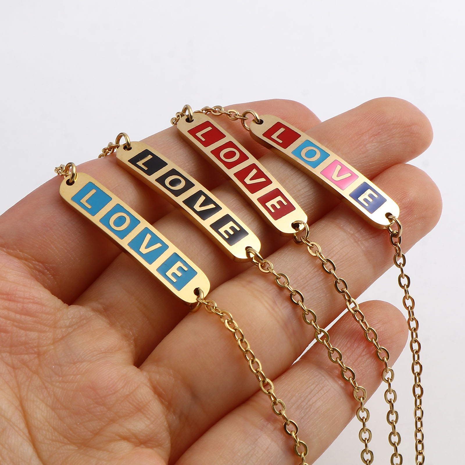 Изображение Stainless Steel Valentine's Day Link Cable Chain Bracelets Gold Plated Multicolor Oval Cross Word Message " LOVE " Enamel 17cm(6 6/8")-16.5cm(6 4/8") long, 1 Piece