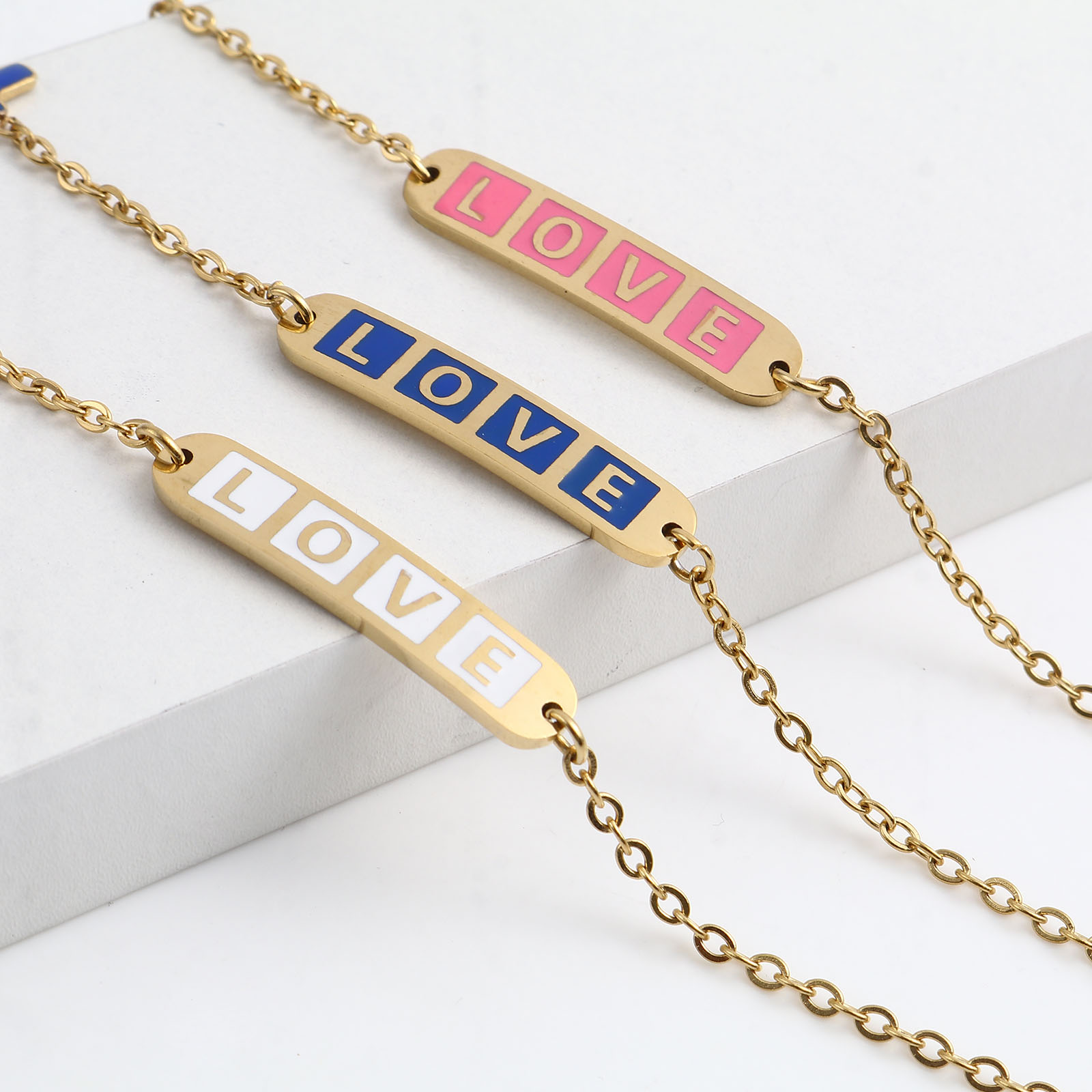 Изображение Stainless Steel Valentine's Day Link Cable Chain Bracelets Gold Plated Multicolor Oval Cross Word Message " LOVE " Enamel 17cm(6 6/8")-16.5cm(6 4/8") long, 1 Piece