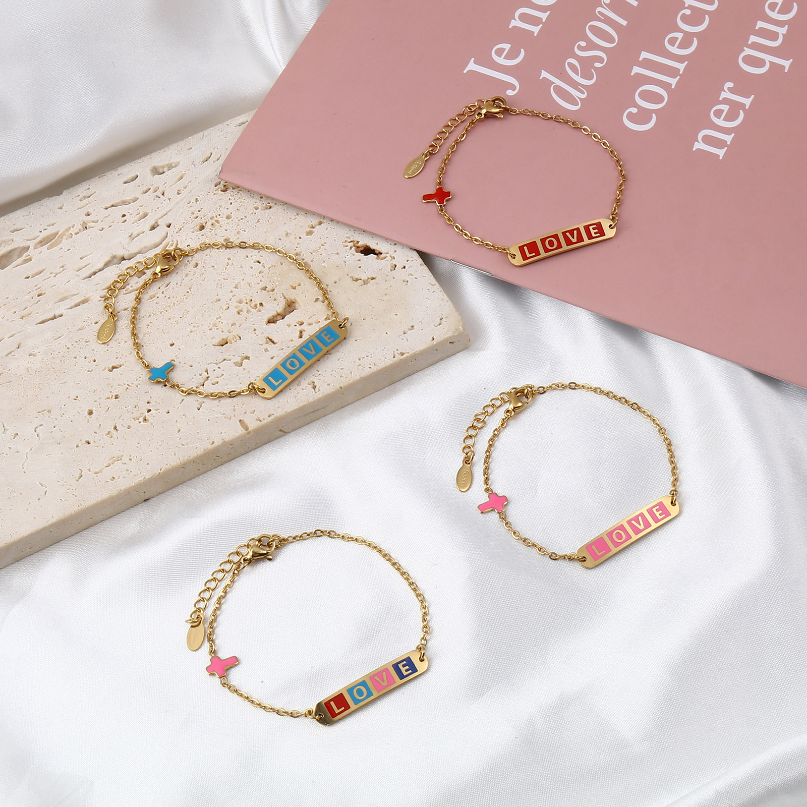 Изображение Stainless Steel Valentine's Day Link Cable Chain Bracelets Gold Plated Multicolor Oval Cross Word Message " LOVE " Enamel 17cm(6 6/8")-16.5cm(6 4/8") long, 1 Piece