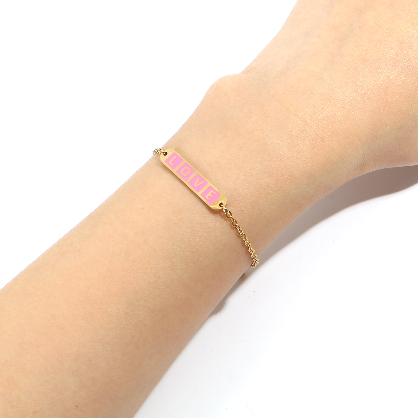 Изображение Stainless Steel Valentine's Day Link Cable Chain Bracelets Gold Plated Multicolor Oval Cross Word Message " LOVE " Enamel 17cm(6 6/8")-16.5cm(6 4/8") long, 1 Piece