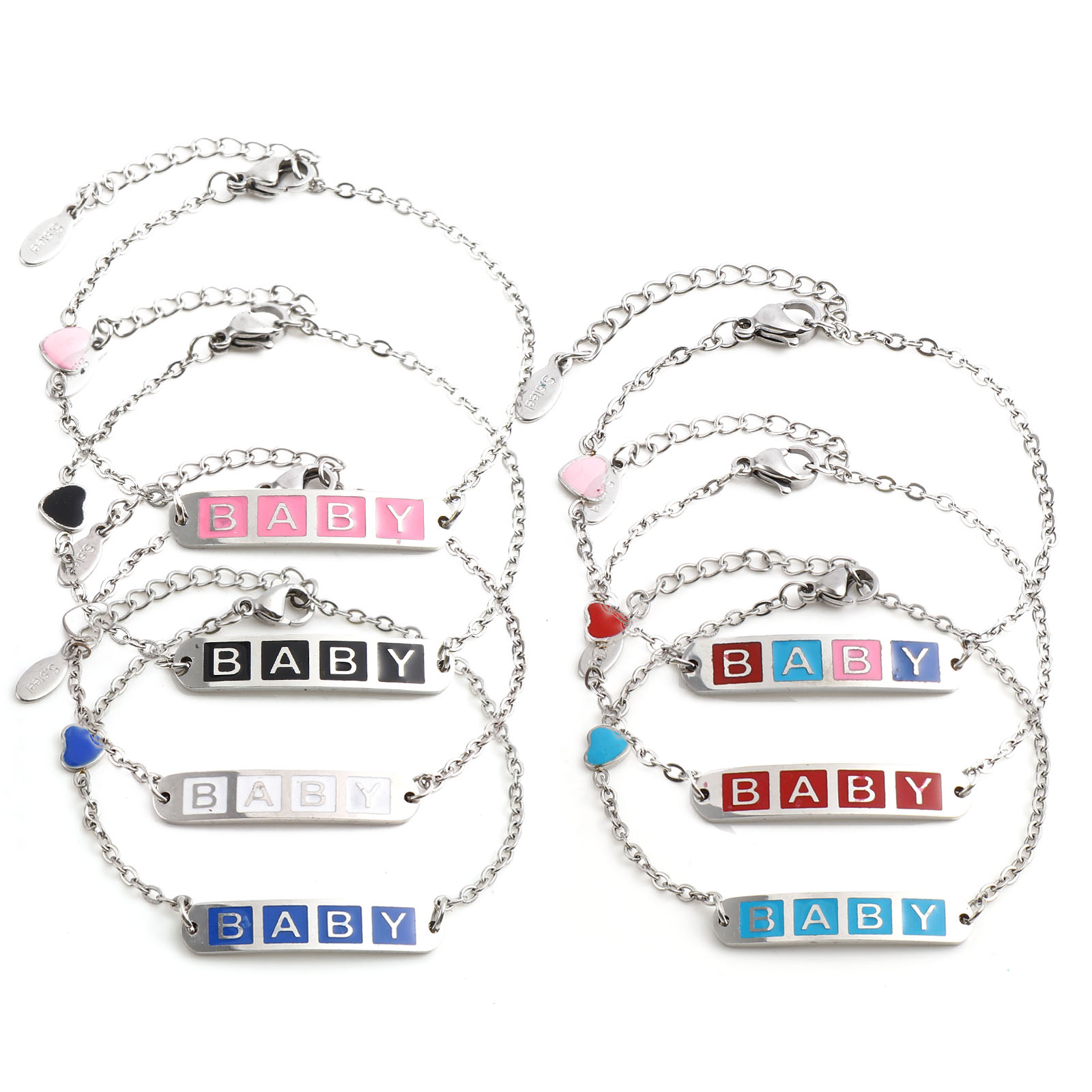 Picture of Stainless Steel Link Cable Chain Bracelets Silver Tone Multicolor Oval Heart Word Message " baby " Enamel 17cm(6 6/8")-16.5cm(6 4/8") long, 1 Piece
