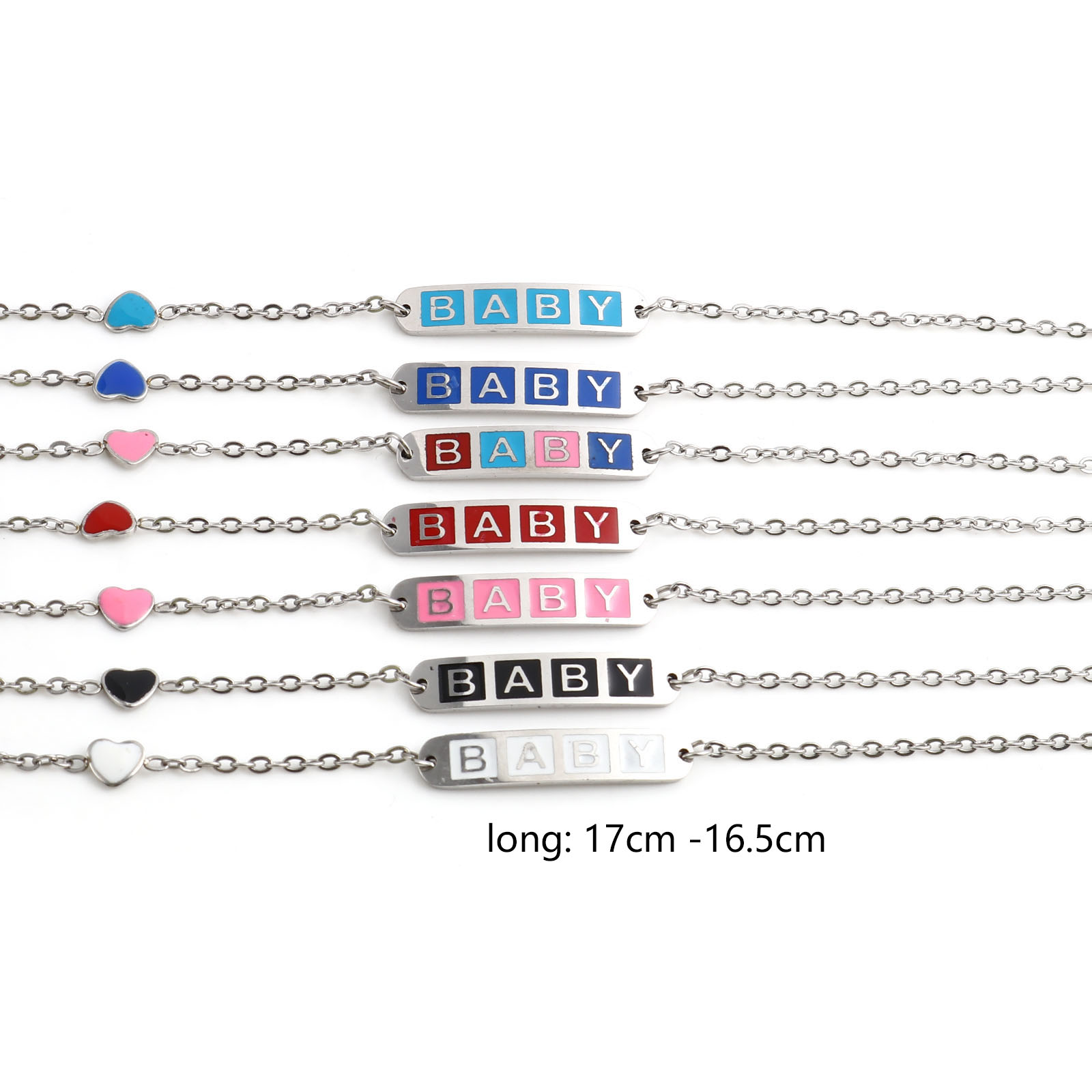 Picture of Stainless Steel Link Cable Chain Bracelets Silver Tone Multicolor Oval Heart Word Message " baby " Enamel 17cm(6 6/8")-16.5cm(6 4/8") long, 1 Piece