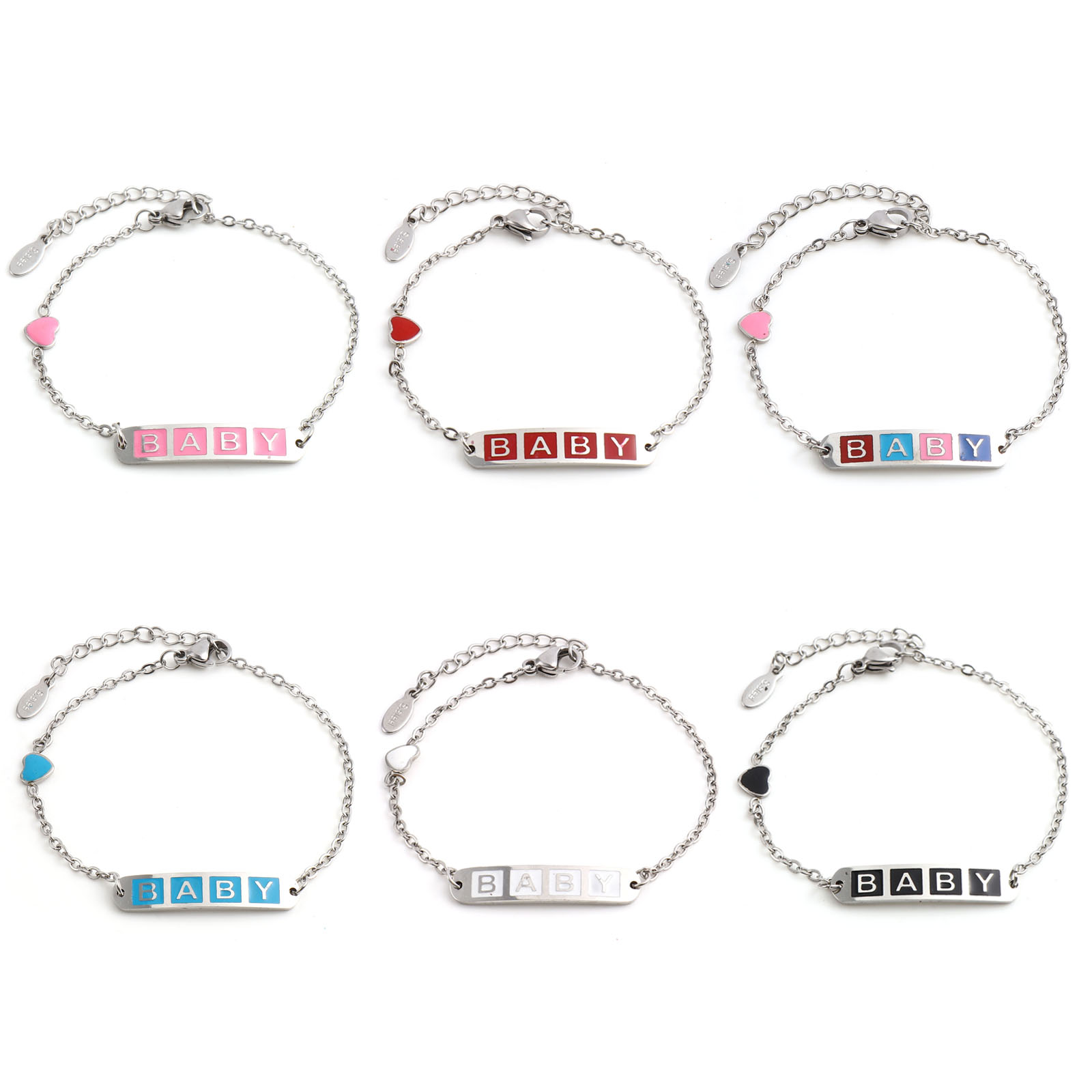 Picture of Stainless Steel Link Cable Chain Bracelets Silver Tone Multicolor Oval Heart Word Message " baby " Enamel 17cm(6 6/8")-16.5cm(6 4/8") long, 1 Piece