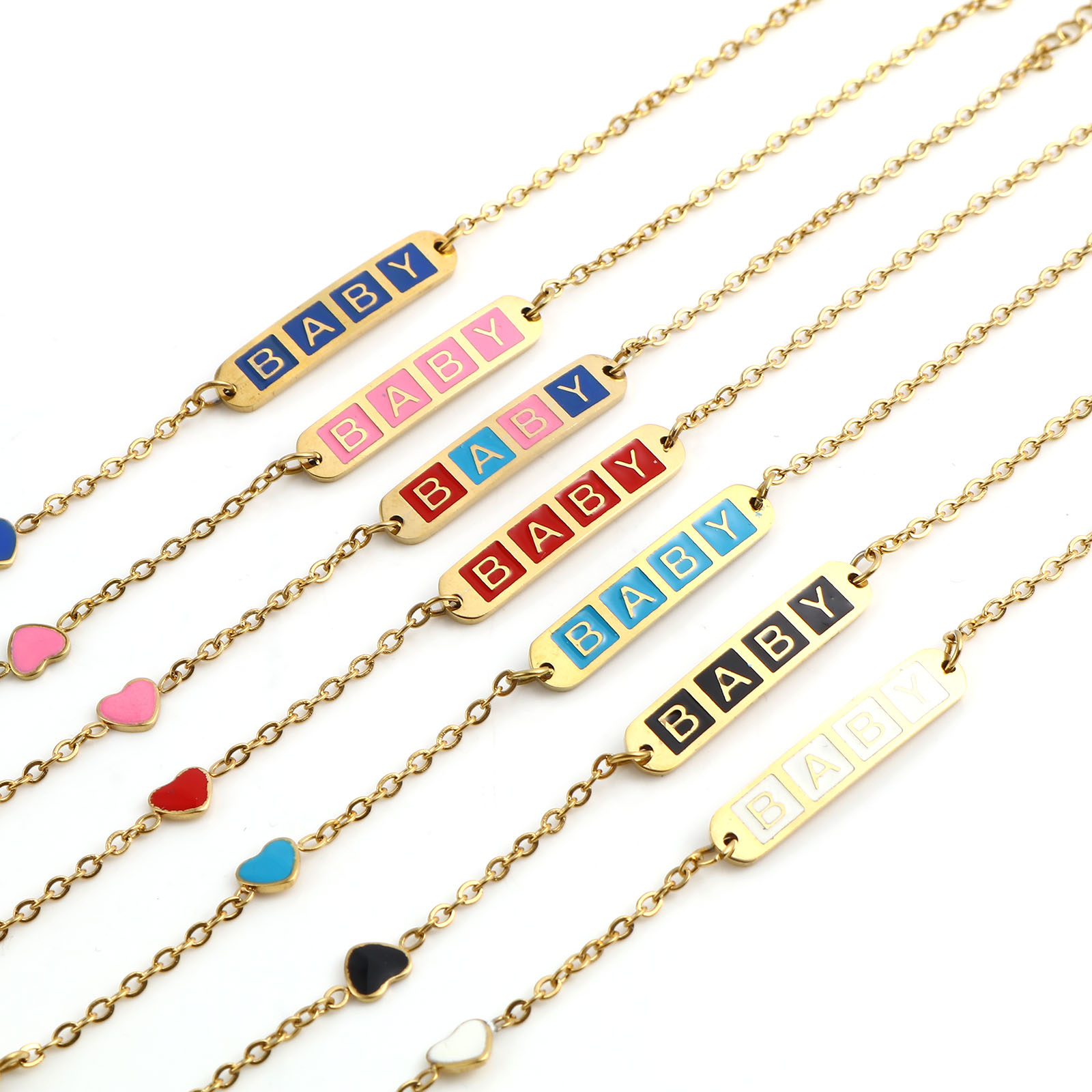 Immagine di Acciaio Inossidabile Cavo Catena Braccialetti Oro Placcato Multicolore Ovale Cuore Messaggio " baby " Smalto 17cm-16.5cm Lunghezza, 1 Pz