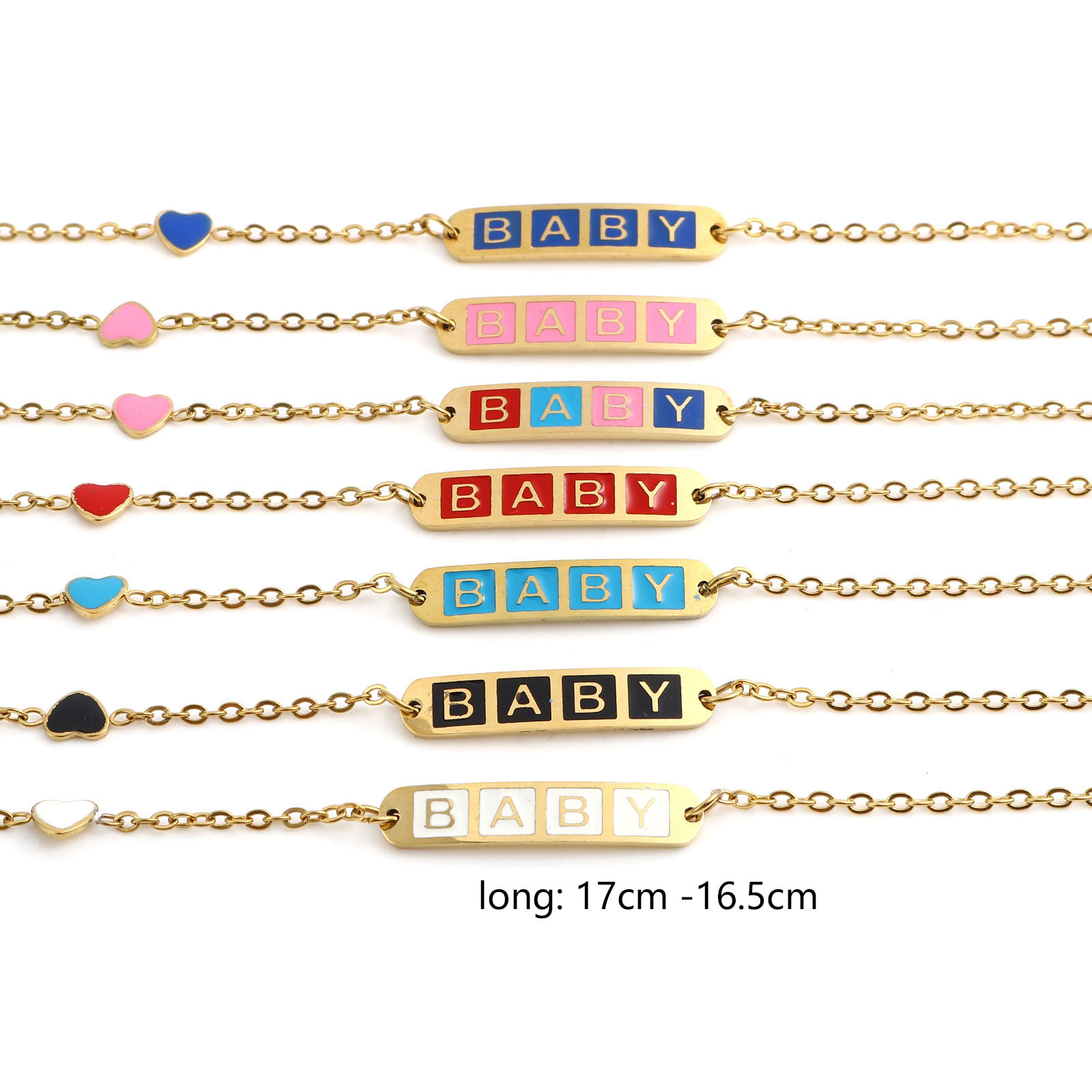 Immagine di Acciaio Inossidabile Cavo Catena Braccialetti Oro Placcato Multicolore Ovale Cuore Messaggio " baby " Smalto 17cm-16.5cm Lunghezza, 1 Pz