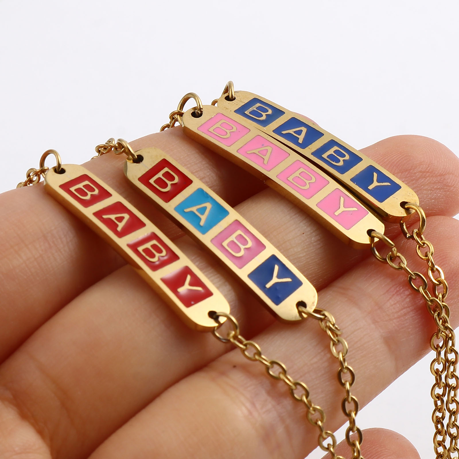 Immagine di Acciaio Inossidabile Cavo Catena Braccialetti Oro Placcato Multicolore Ovale Cuore Messaggio " baby " Smalto 17cm-16.5cm Lunghezza, 1 Pz