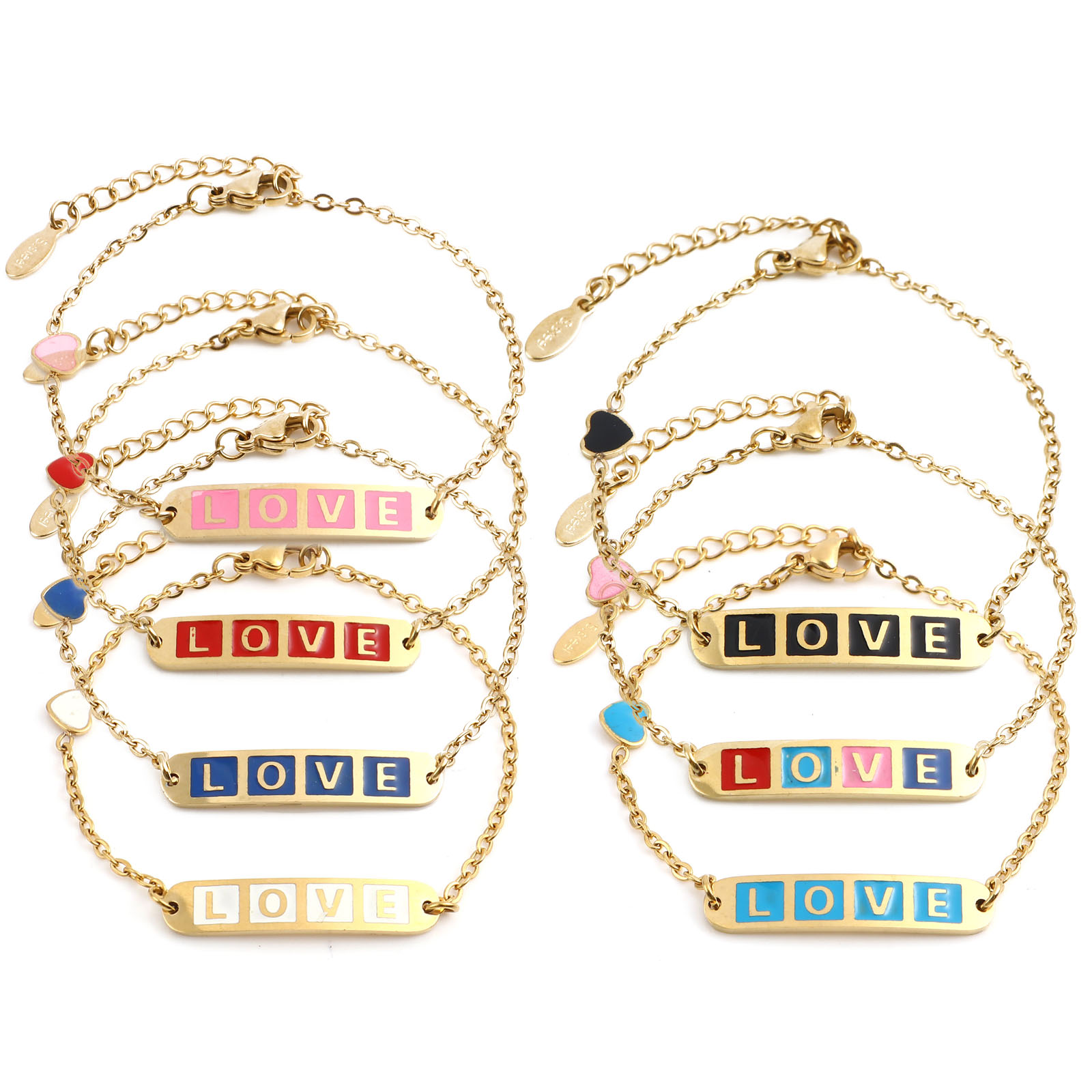 Picture of Stainless Steel Valentine's Day Link Cable Chain Bracelets Gold Plated Multicolor Oval Heart Word Message " LOVE " Enamel 17cm(6 6/8")-16.5cm(6 4/8") long, 1 Piece