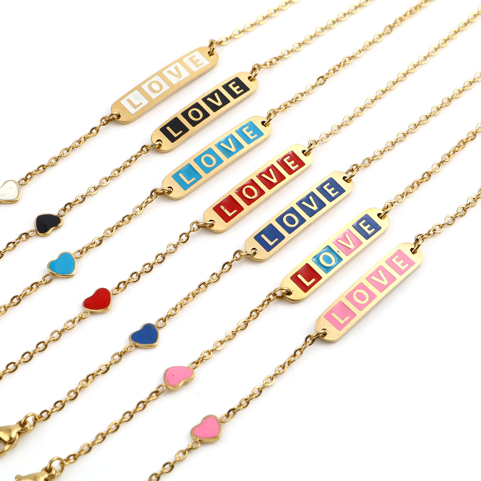 Picture of Stainless Steel Valentine's Day Link Cable Chain Bracelets Gold Plated Multicolor Oval Heart Word Message " LOVE " Enamel 17cm(6 6/8")-16.5cm(6 4/8") long, 1 Piece