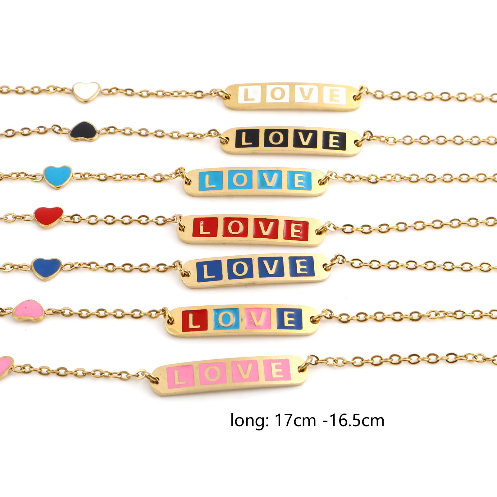 Picture of Stainless Steel Valentine's Day Link Cable Chain Bracelets Gold Plated Multicolor Oval Heart Word Message " LOVE " Enamel 17cm(6 6/8")-16.5cm(6 4/8") long, 1 Piece