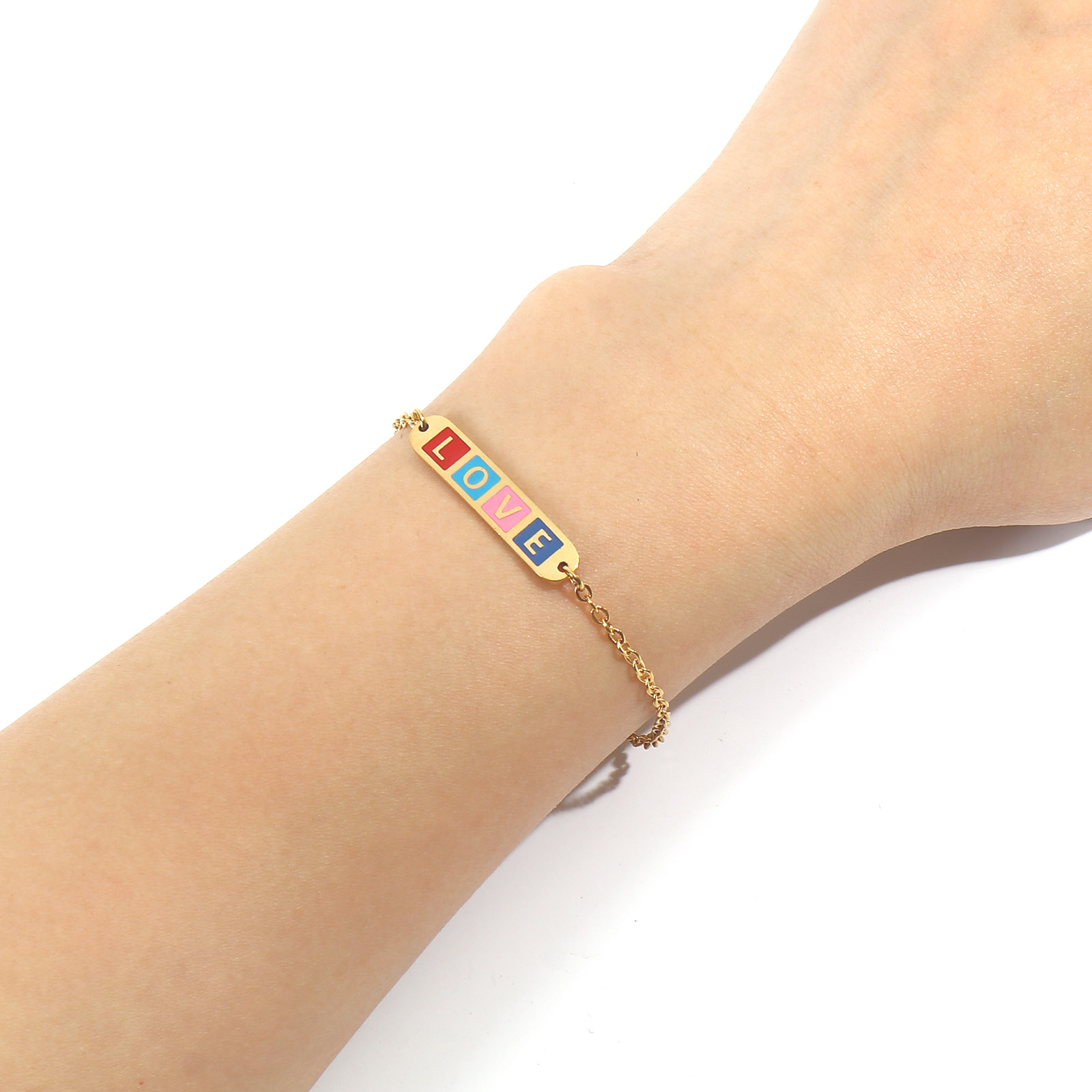 Picture of Stainless Steel Valentine's Day Link Cable Chain Bracelets Gold Plated Multicolor Oval Heart Word Message " LOVE " Enamel 17cm(6 6/8")-16.5cm(6 4/8") long, 1 Piece