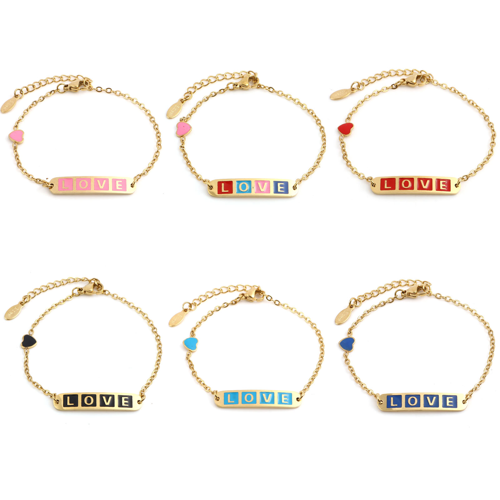 Picture of Stainless Steel Valentine's Day Link Cable Chain Bracelets Gold Plated Multicolor Oval Heart Word Message " LOVE " Enamel 17cm(6 6/8")-16.5cm(6 4/8") long, 1 Piece