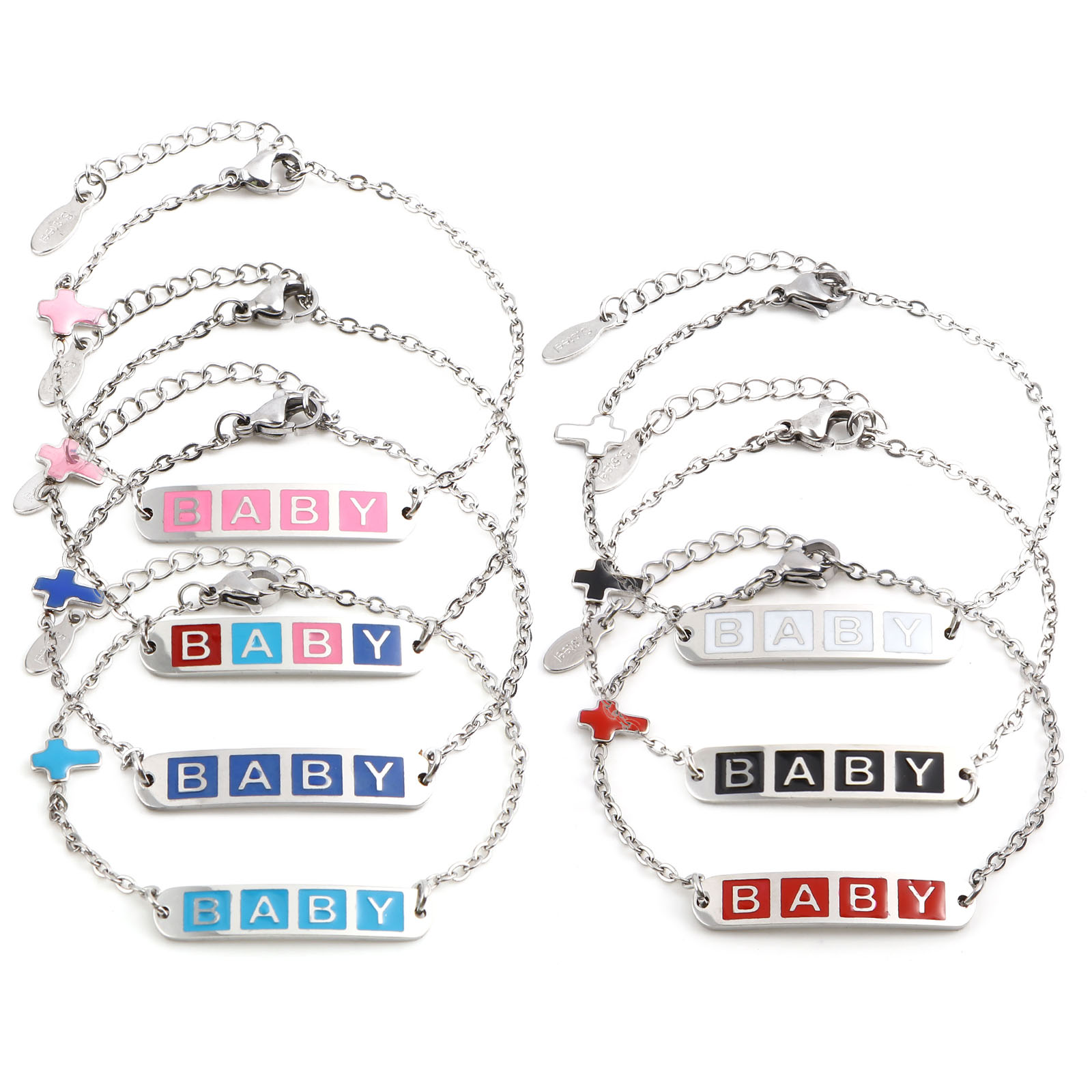 Изображение Stainless Steel Link Cable Chain Bracelets Silver Tone Multicolor Oval Cross Word Message " baby " Enamel 17cm(6 6/8")-16.5cm(6 4/8") long, 1 Piece