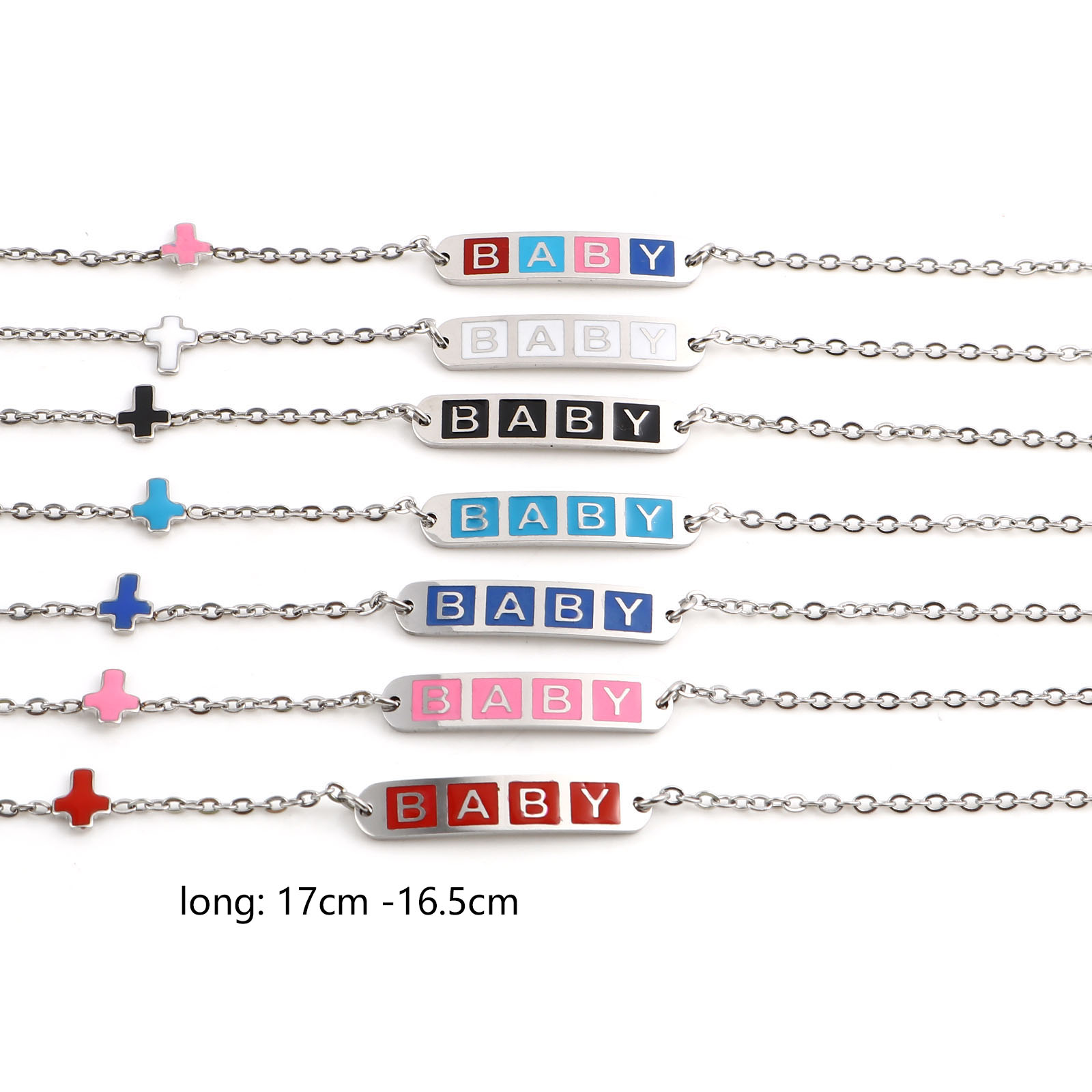 Изображение Stainless Steel Link Cable Chain Bracelets Silver Tone Multicolor Oval Cross Word Message " baby " Enamel 17cm(6 6/8")-16.5cm(6 4/8") long, 1 Piece