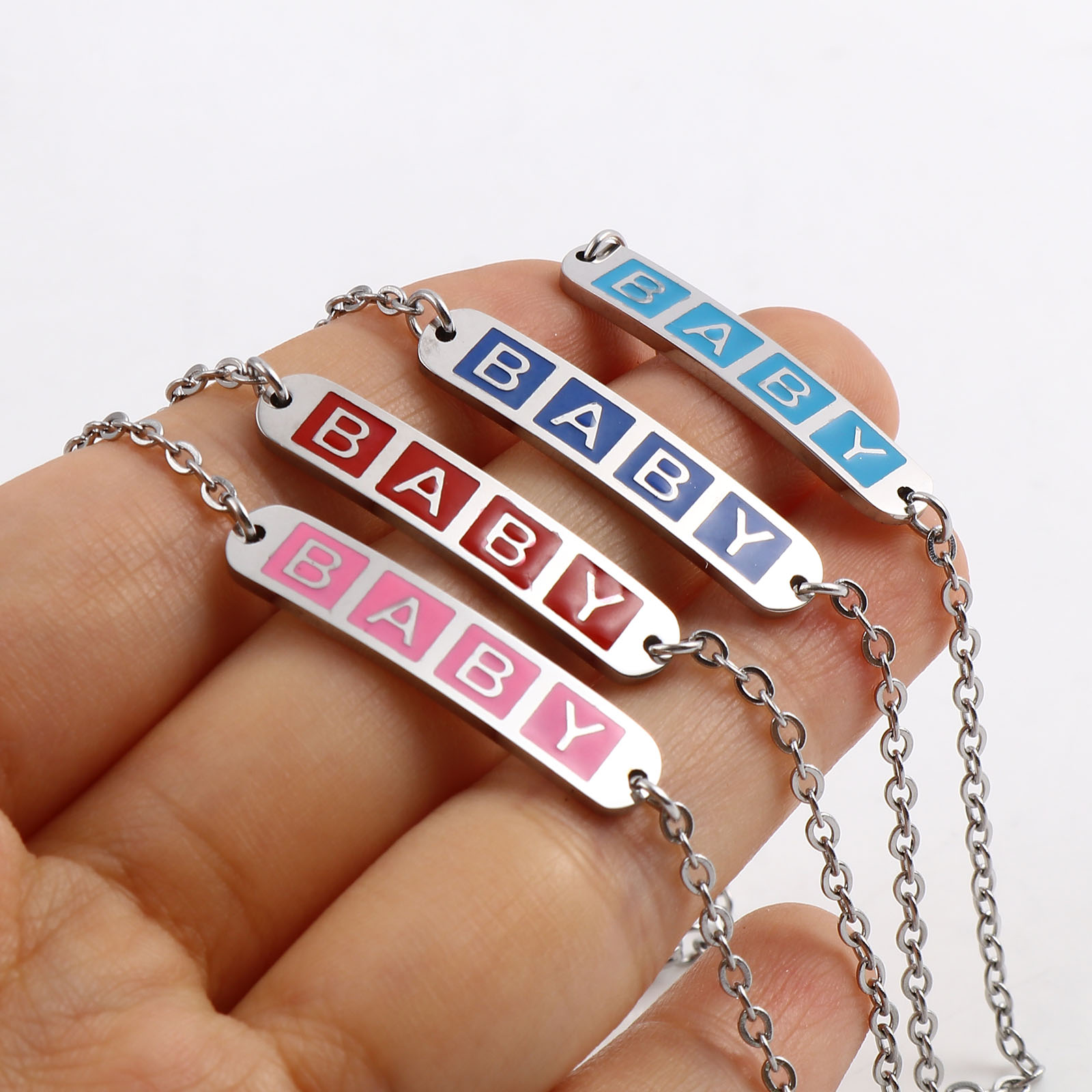 Изображение Stainless Steel Link Cable Chain Bracelets Silver Tone Multicolor Oval Cross Word Message " baby " Enamel 17cm(6 6/8")-16.5cm(6 4/8") long, 1 Piece