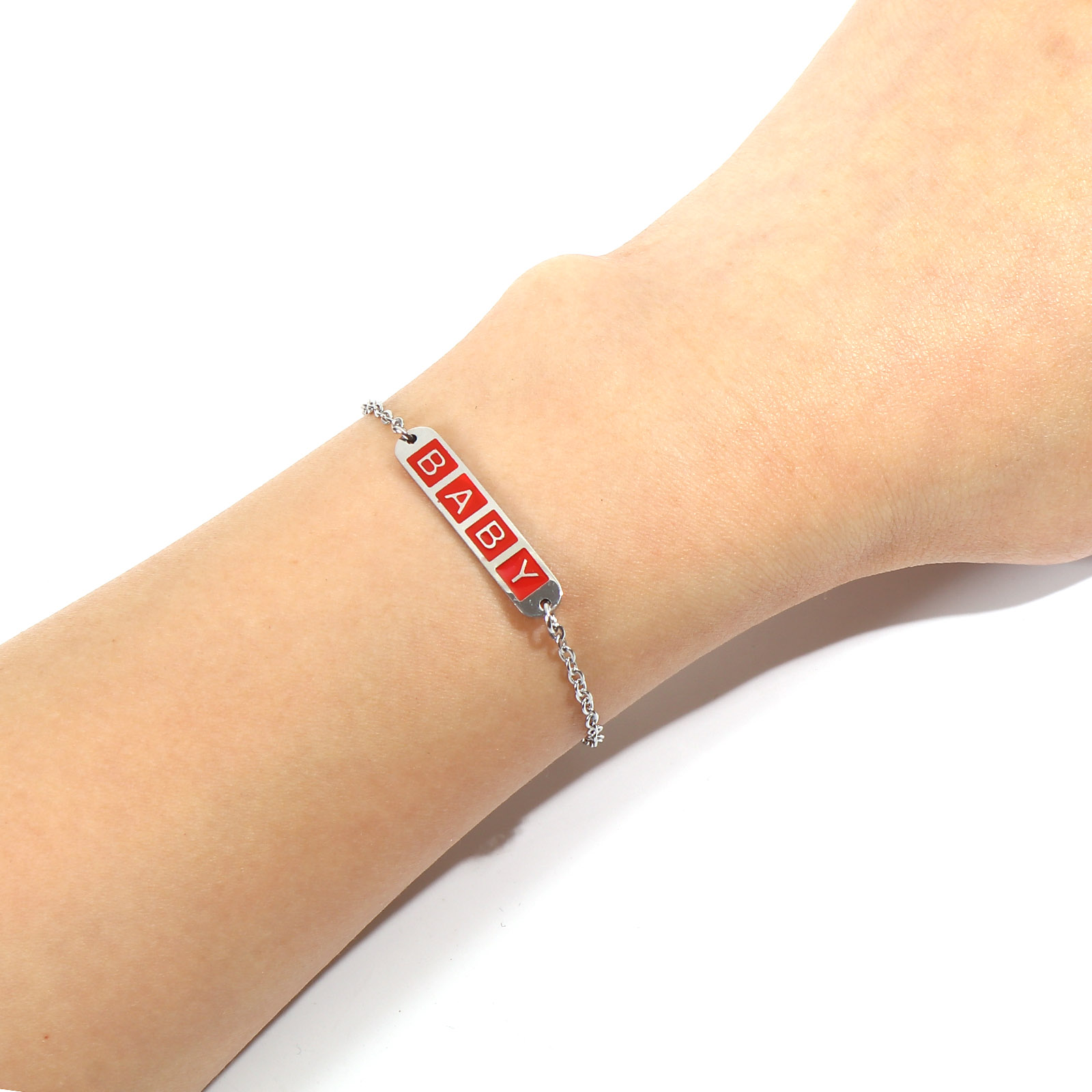 Изображение Stainless Steel Link Cable Chain Bracelets Silver Tone Multicolor Oval Cross Word Message " baby " Enamel 17cm(6 6/8")-16.5cm(6 4/8") long, 1 Piece