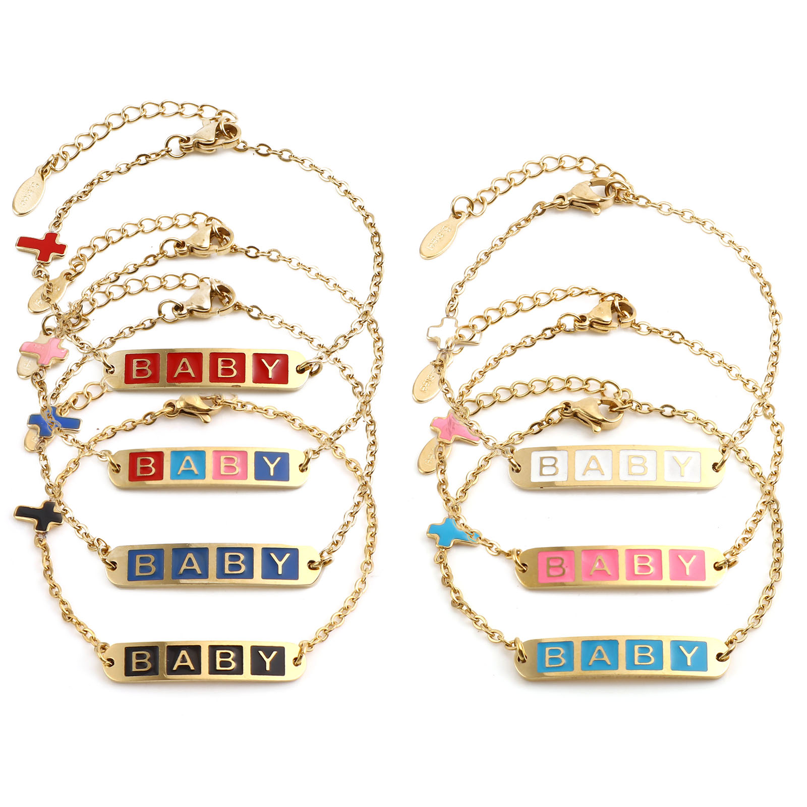 Picture of Stainless Steel Link Cable Chain Bracelets Gold Plated Multicolor Oval Cross Word Message " baby " Enamel 17cm(6 6/8")-16.5cm(6 4/8") long, 1 Piece