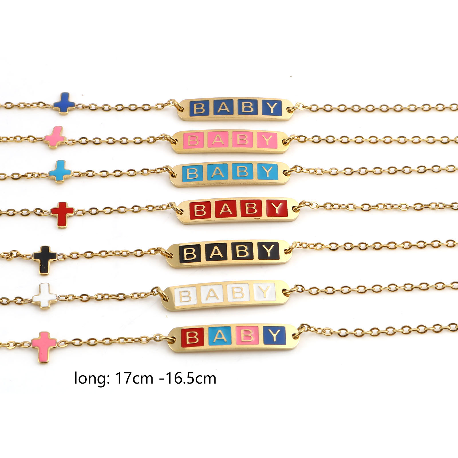Picture of Stainless Steel Link Cable Chain Bracelets Gold Plated Multicolor Oval Cross Word Message " baby " Enamel 17cm(6 6/8")-16.5cm(6 4/8") long, 1 Piece