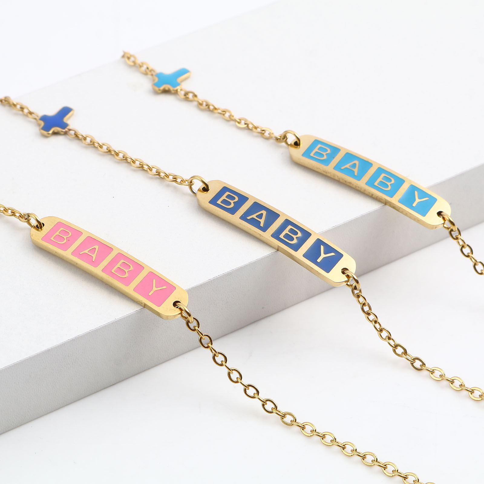 Picture of Stainless Steel Link Cable Chain Bracelets Gold Plated Multicolor Oval Cross Word Message " baby " Enamel 17cm(6 6/8")-16.5cm(6 4/8") long, 1 Piece