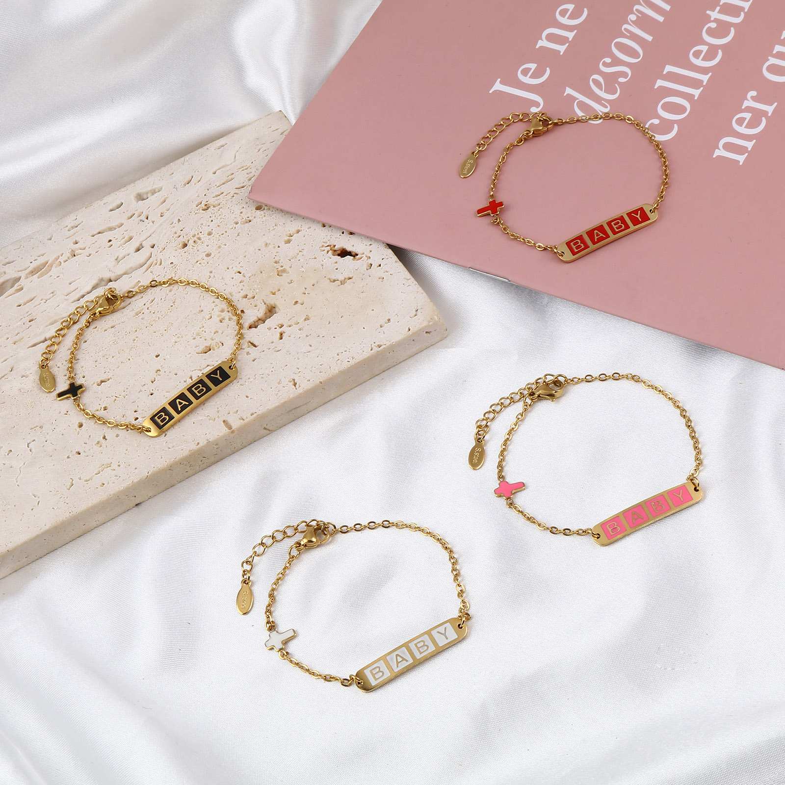 Picture of Stainless Steel Link Cable Chain Bracelets Gold Plated Multicolor Oval Cross Word Message " baby " Enamel 17cm(6 6/8")-16.5cm(6 4/8") long, 1 Piece