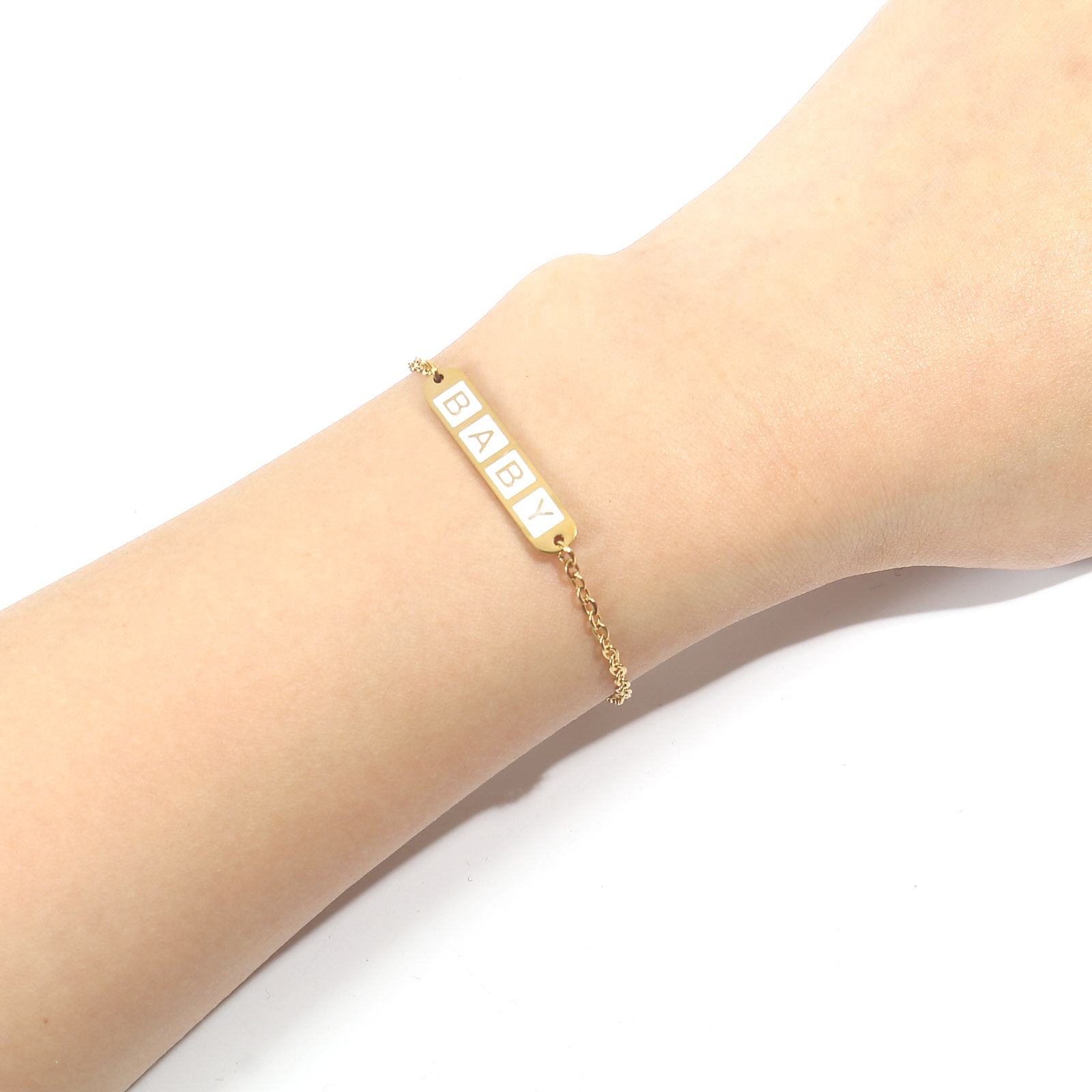 Picture of Stainless Steel Link Cable Chain Bracelets Gold Plated Multicolor Oval Cross Word Message " baby " Enamel 17cm(6 6/8")-16.5cm(6 4/8") long, 1 Piece