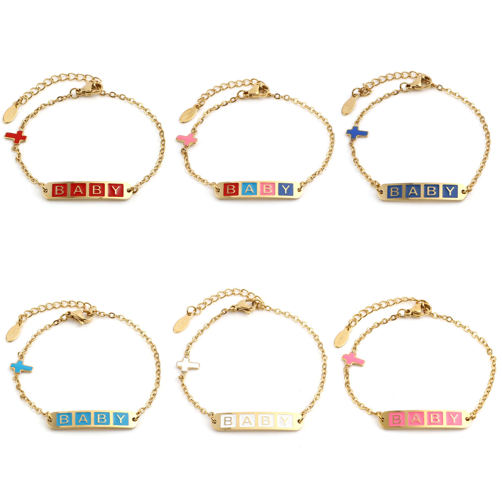 Picture of Stainless Steel Link Cable Chain Bracelets Gold Plated Multicolor Oval Cross Word Message " baby " Enamel 17cm(6 6/8")-16.5cm(6 4/8") long, 1 Piece