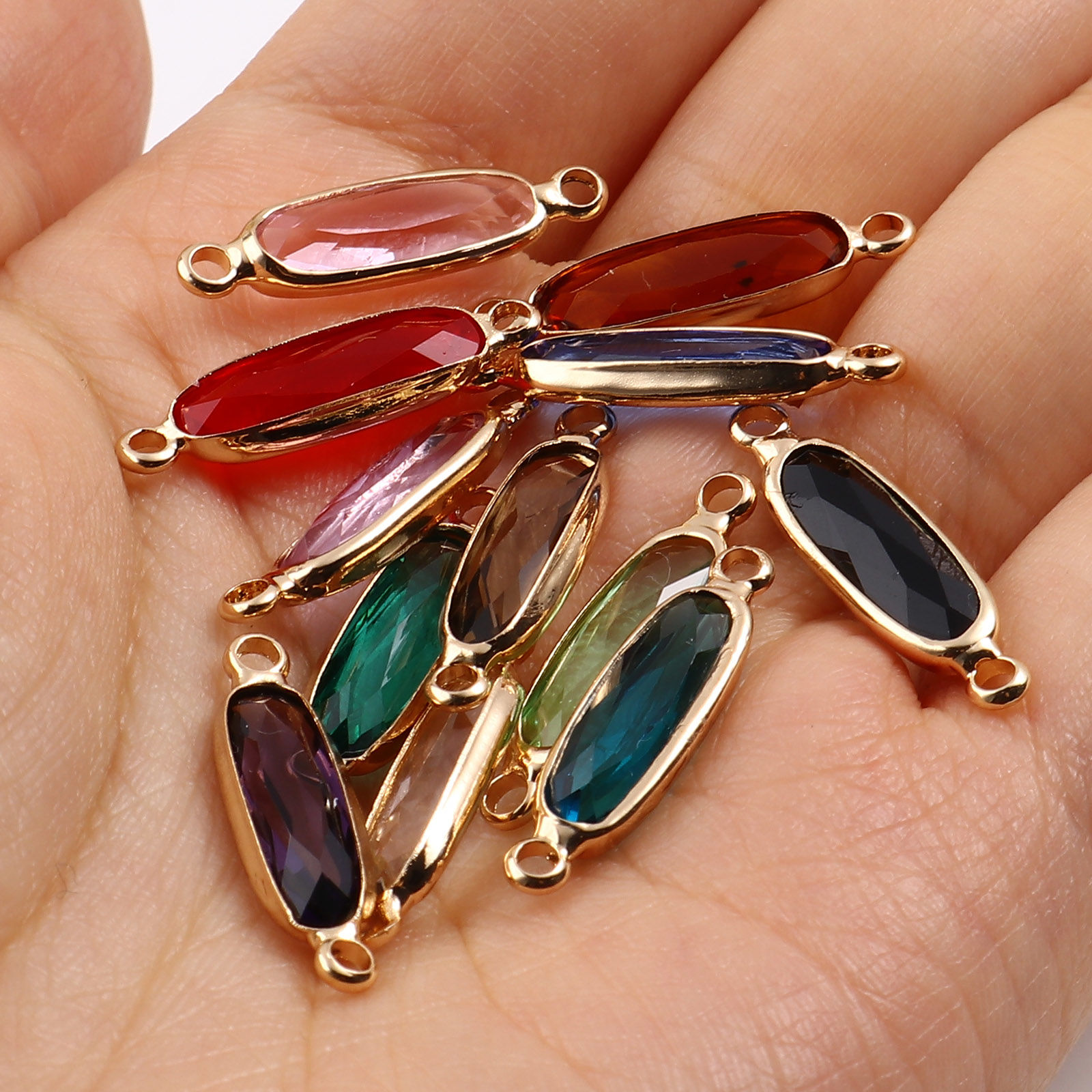 真鍮+ガラス コネクター 楕円形 金メッキ 多色 22mm x 6mm、 5 個 の画像