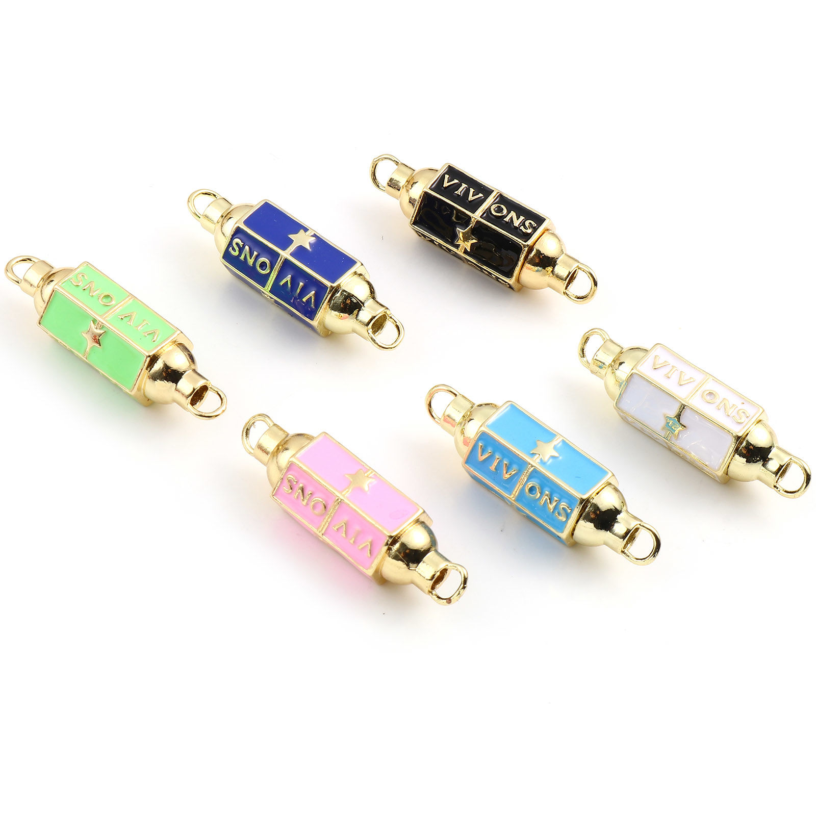 Picture of Brass Connectors Hexagonal Prism Gold Plated Multicolor Pentagram Star Message " VIVONS " Enamel 36mm x 12mm, 1 Piece
