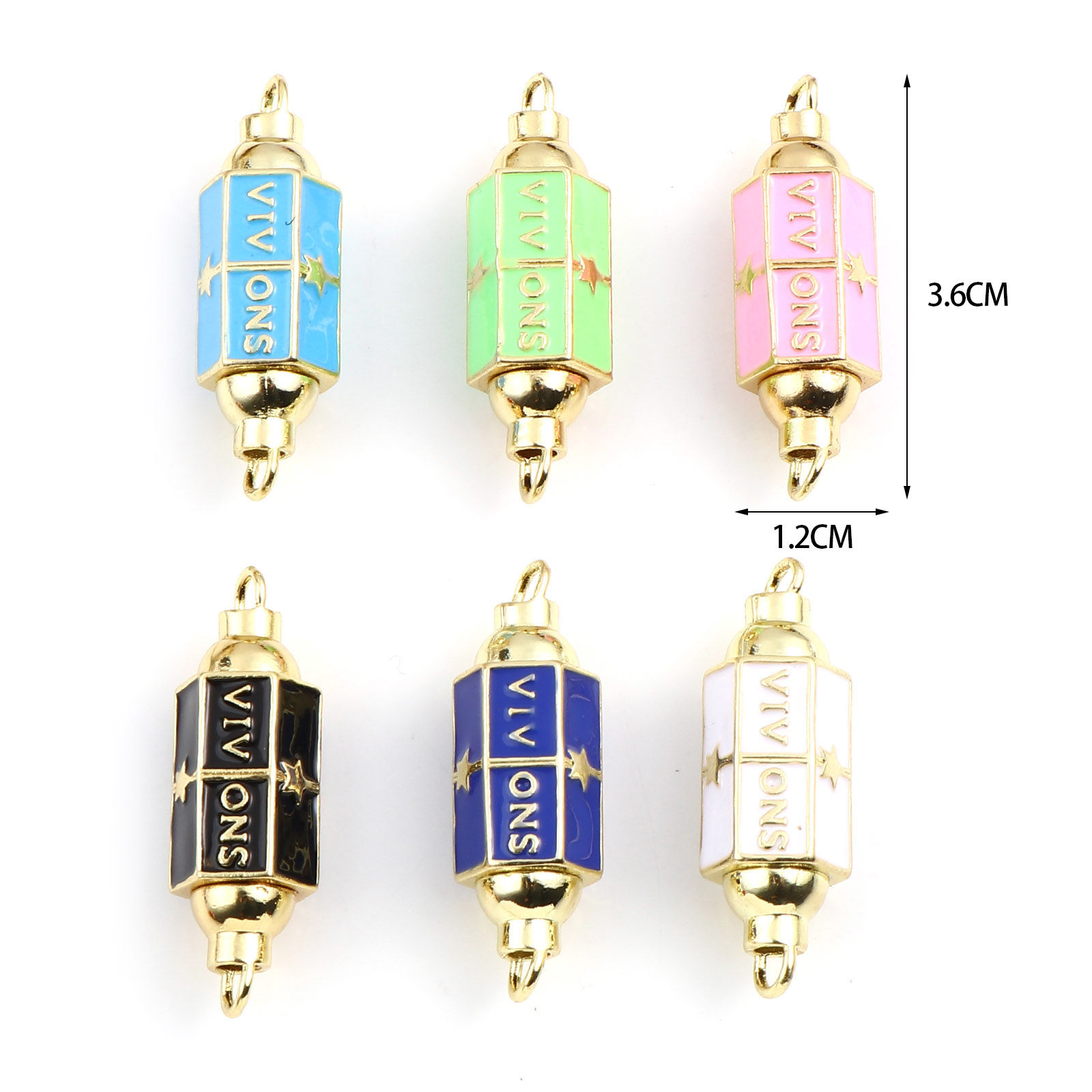 Picture of Brass Connectors Hexagonal Prism Gold Plated Multicolor Pentagram Star Message " VIVONS " Enamel 36mm x 12mm, 1 Piece