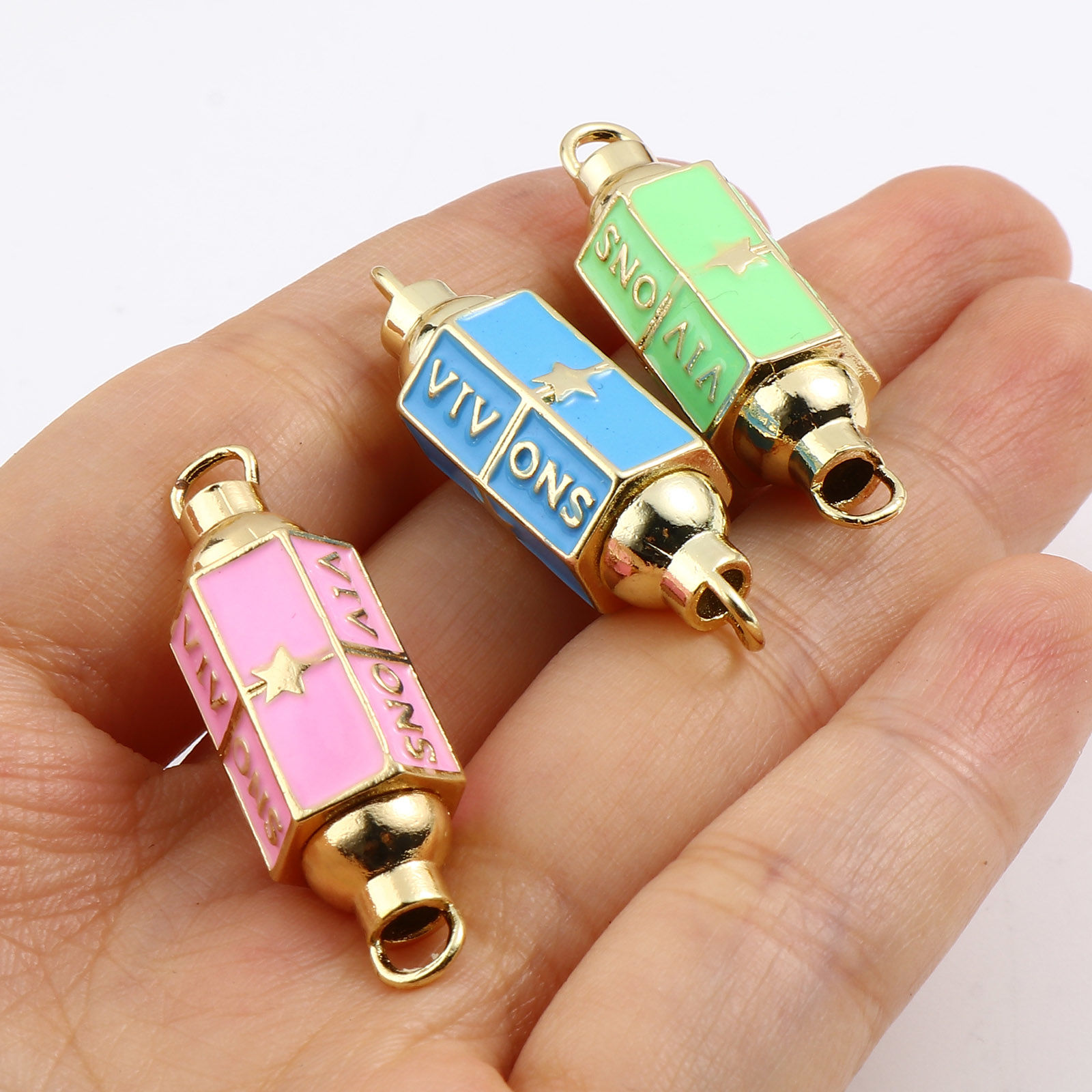 Picture of Brass Connectors Hexagonal Prism Gold Plated Multicolor Pentagram Star Message " VIVONS " Enamel 36mm x 12mm, 1 Piece