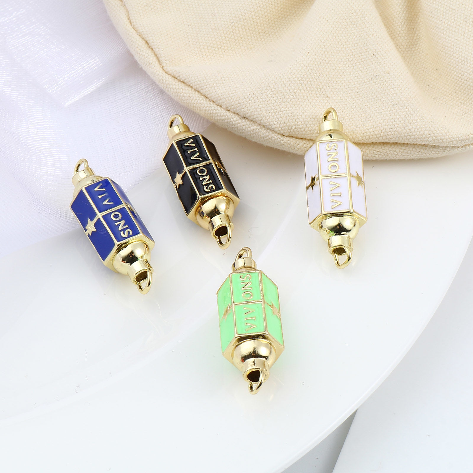 Picture of Brass Connectors Hexagonal Prism Gold Plated Multicolor Pentagram Star Message " VIVONS " Enamel 36mm x 12mm, 1 Piece