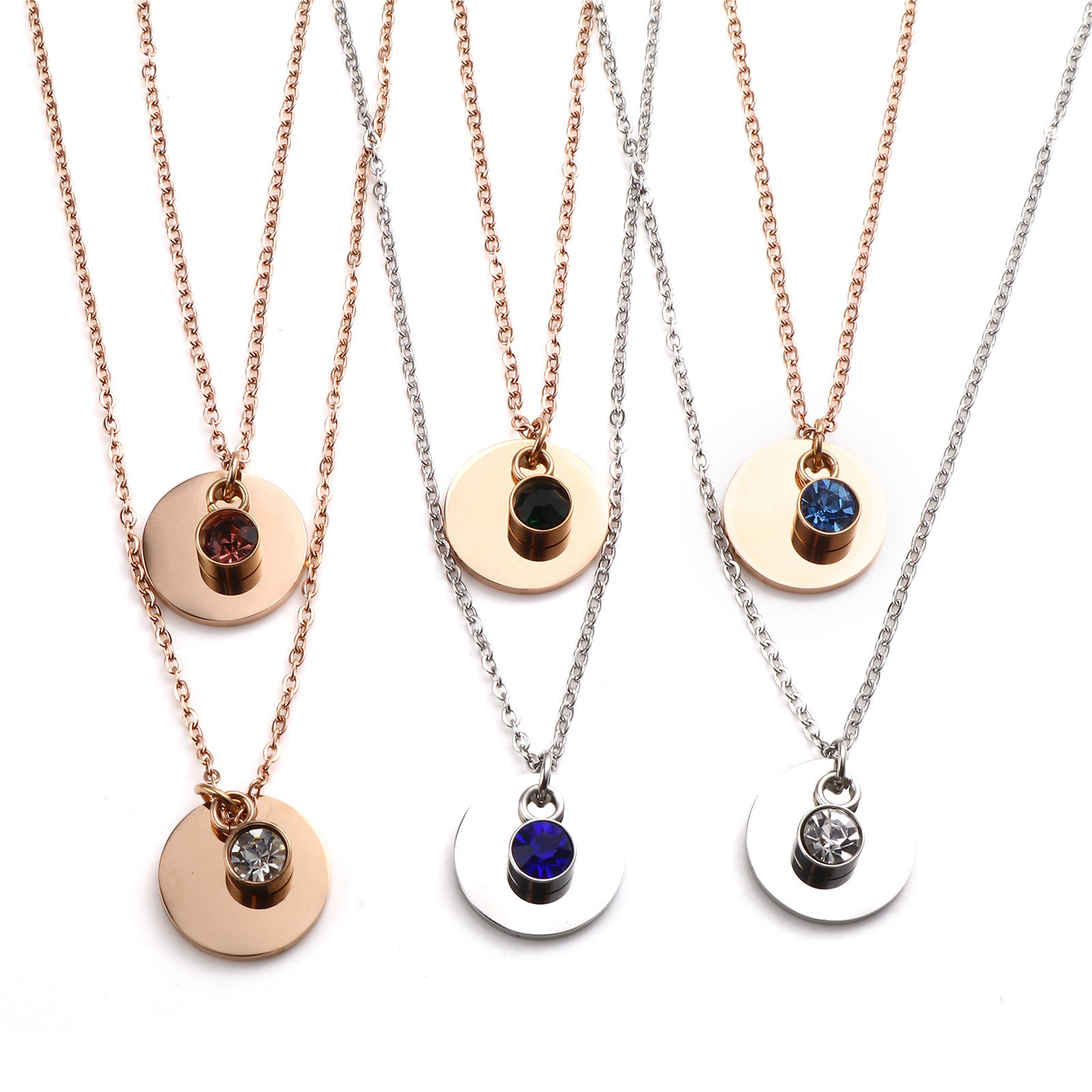 Picture of Stainless Steel Birthstone Necklace Multicolor Round Blank Stamping Tags 45cm(17 6/8") long, 1 Piece