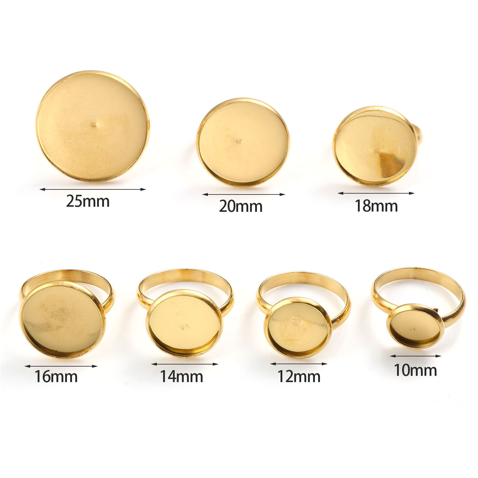 Image de Bagues Non Ajustable en Acier Inoxydable Doré Rond Cabochon Rapportable 18.1mm (Taille d'US 8), 1 Pièce
