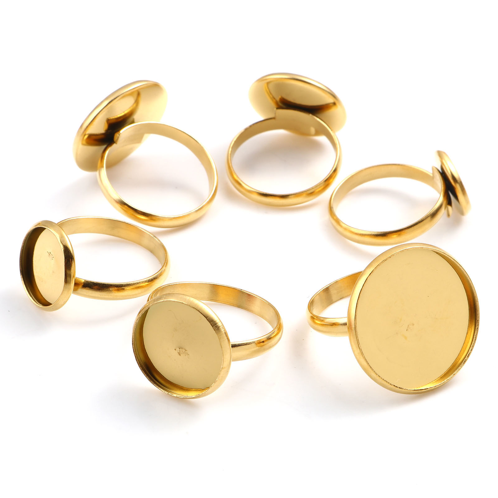 Image de Bagues Non Ajustable en Acier Inoxydable Doré Rond Cabochon Rapportable 18.1mm (Taille d'US 8), 1 Pièce