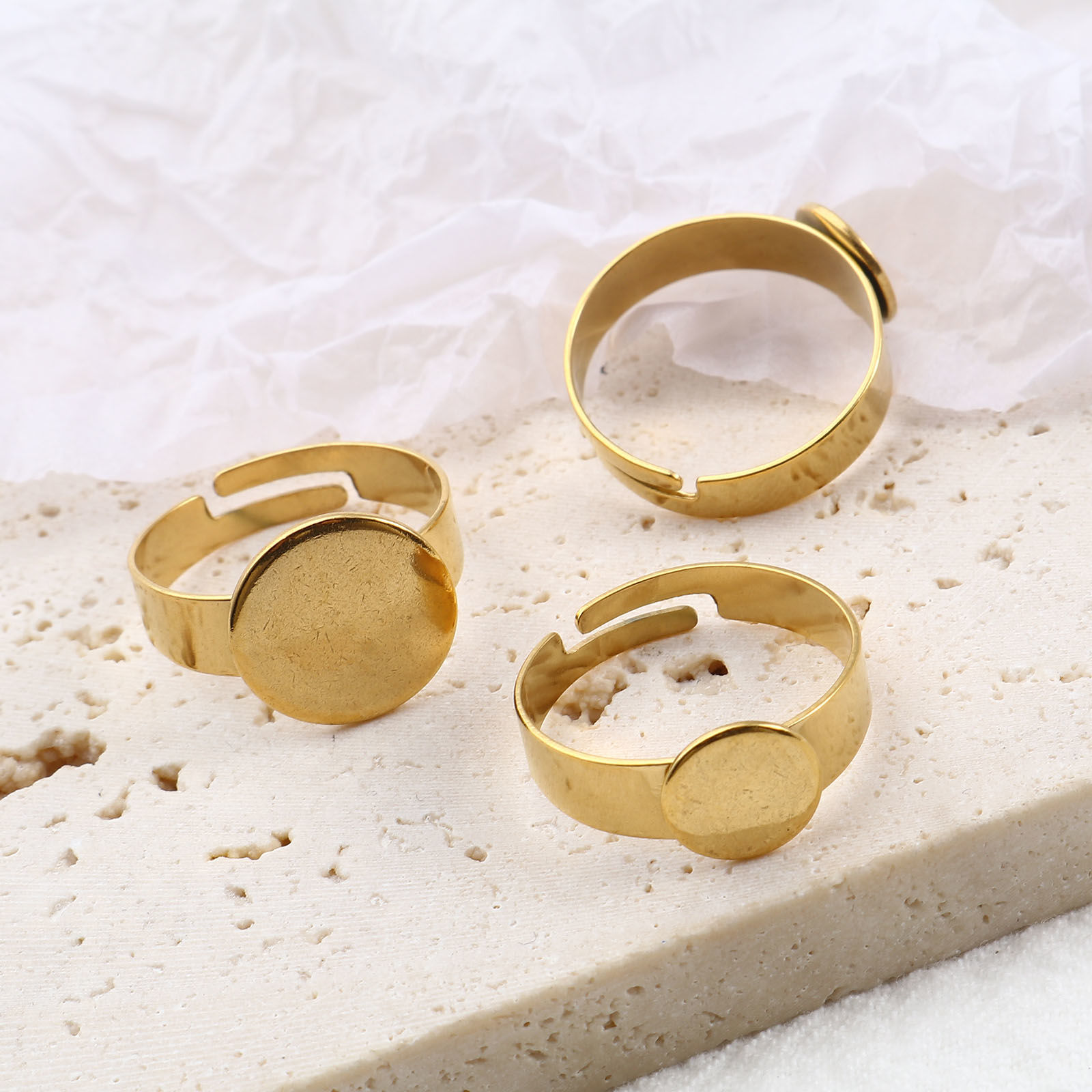 Immagine di Acciaio Inossidabile Aperto Regolabile Anello Oro Placcato Tondo Può Essere Incollato 17.3mm (taglia di US: 7), 1 Pz