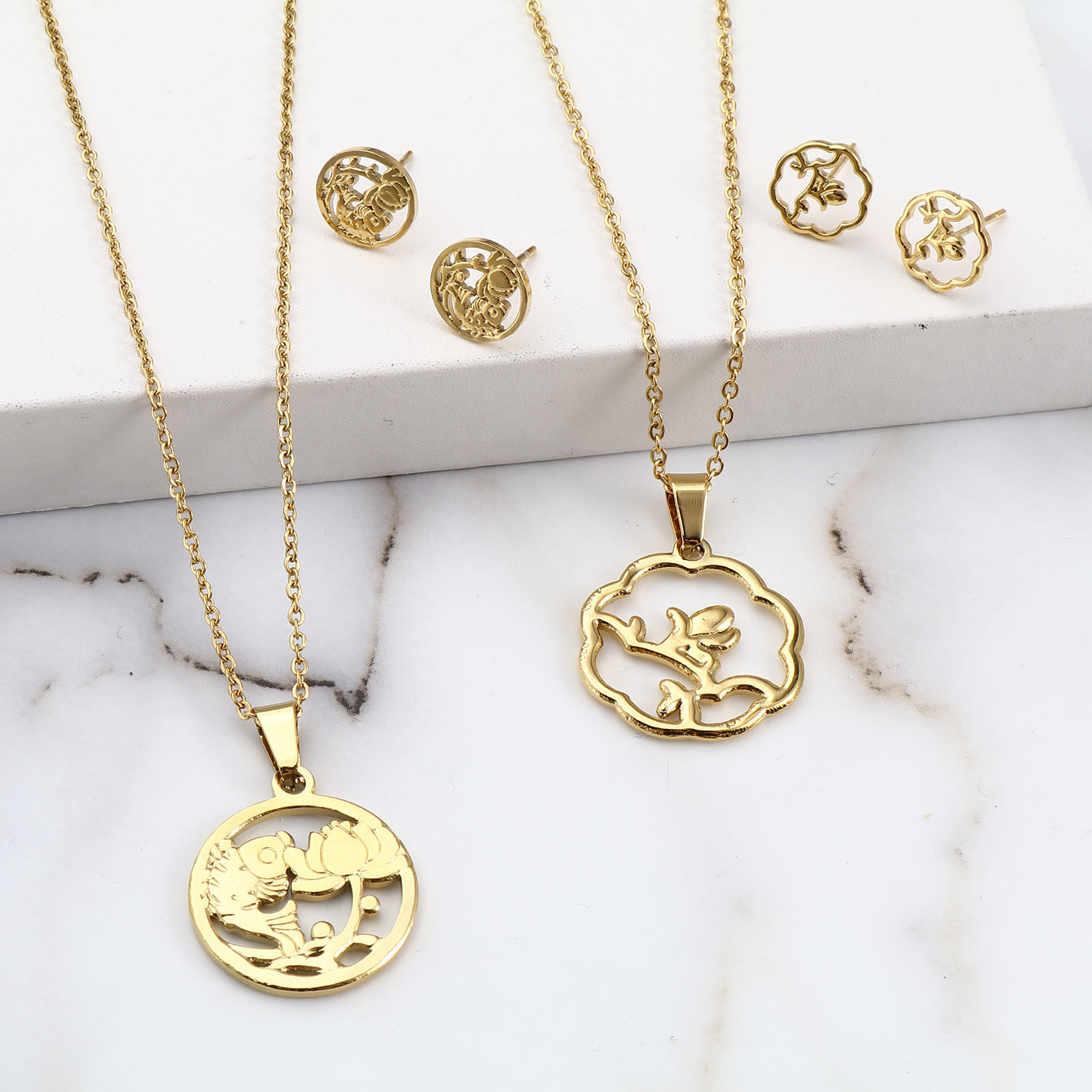 Picture of 201 Stainless Steel Jewelry Necklace Stud Earring Set Gold Plated Post/ Wire Size: (21 gauge), 1 Set ( 2 PCs/Set)