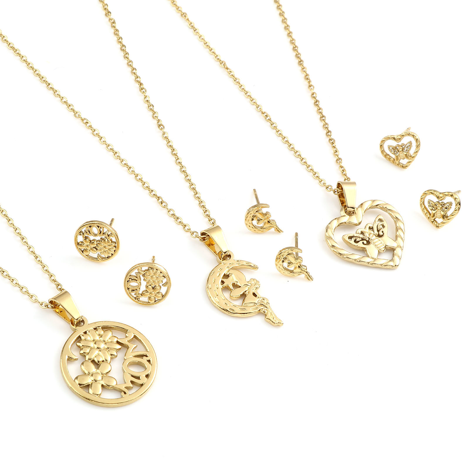 Picture of 201 Stainless Steel Jewelry Necklace Stud Earring Set Gold Plated Post/ Wire Size: (21 gauge), 1 Set ( 2 PCs/Set)
